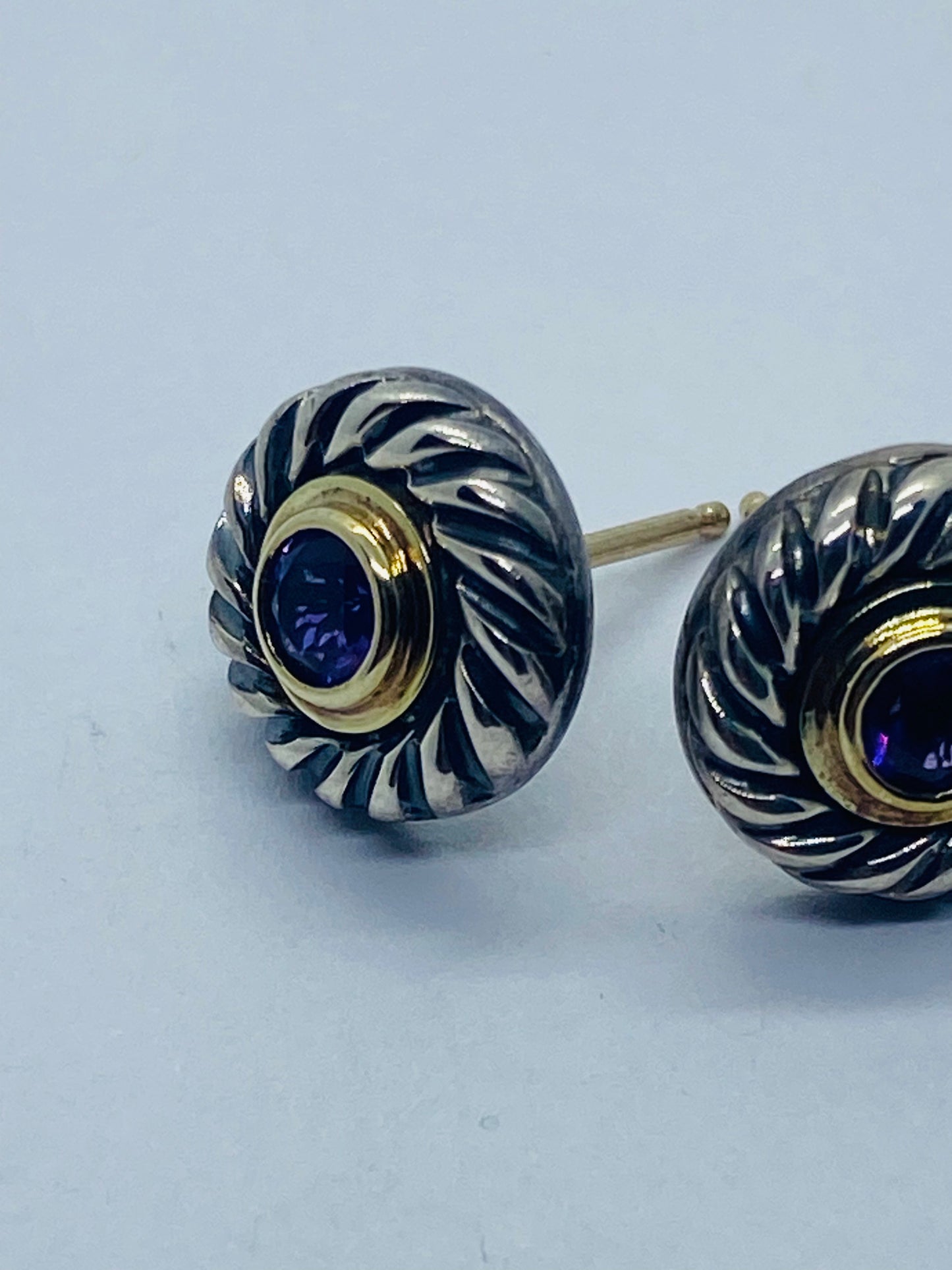 Estate DAVID YURMAN Sterling Silver 14K Gold Amethyst Cookie Pierced Earrings