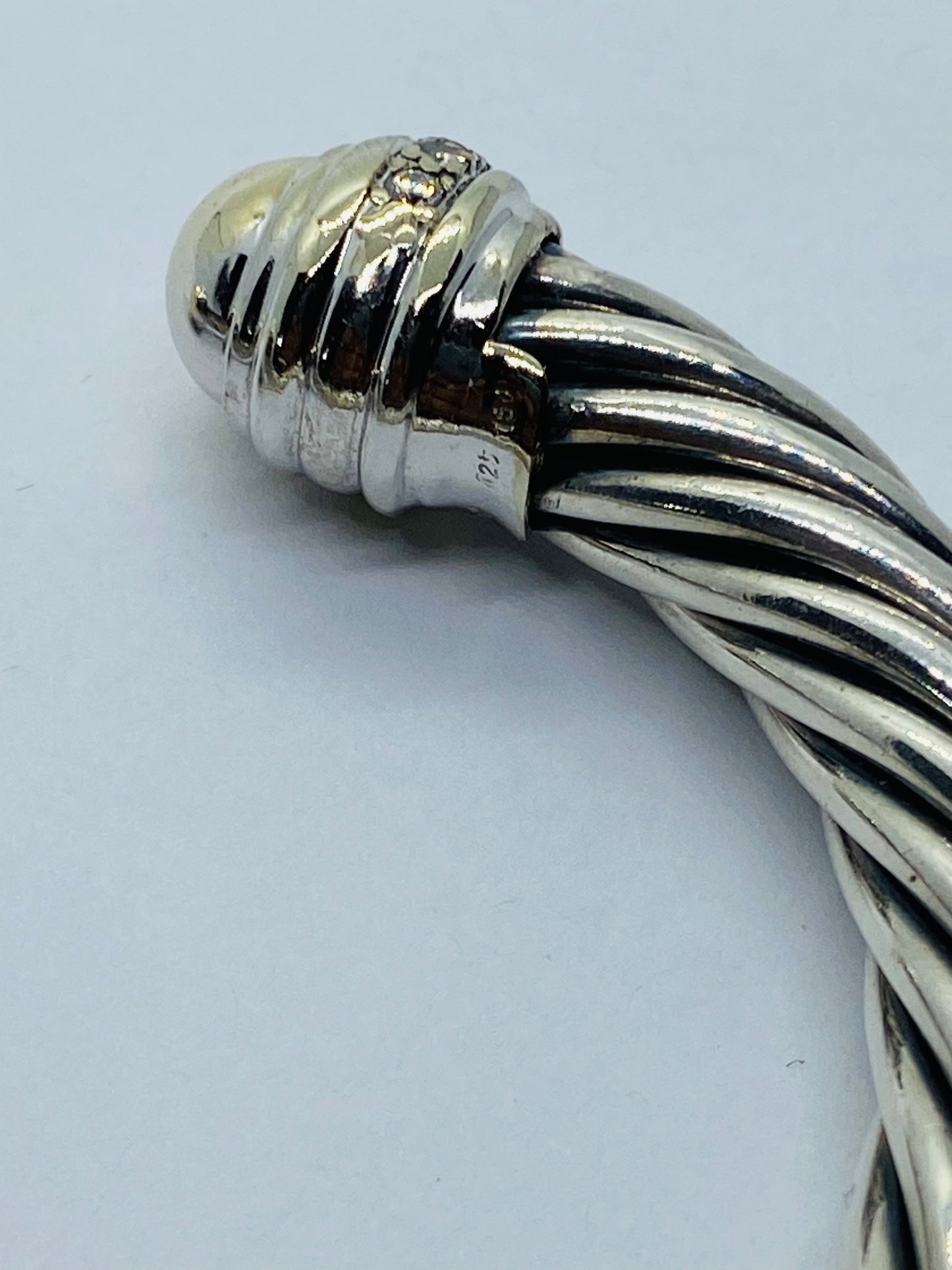 David Yurman Silver 18K 750 Yellow Gold Dome Hinge Diamond 9MM Cable Bracelet