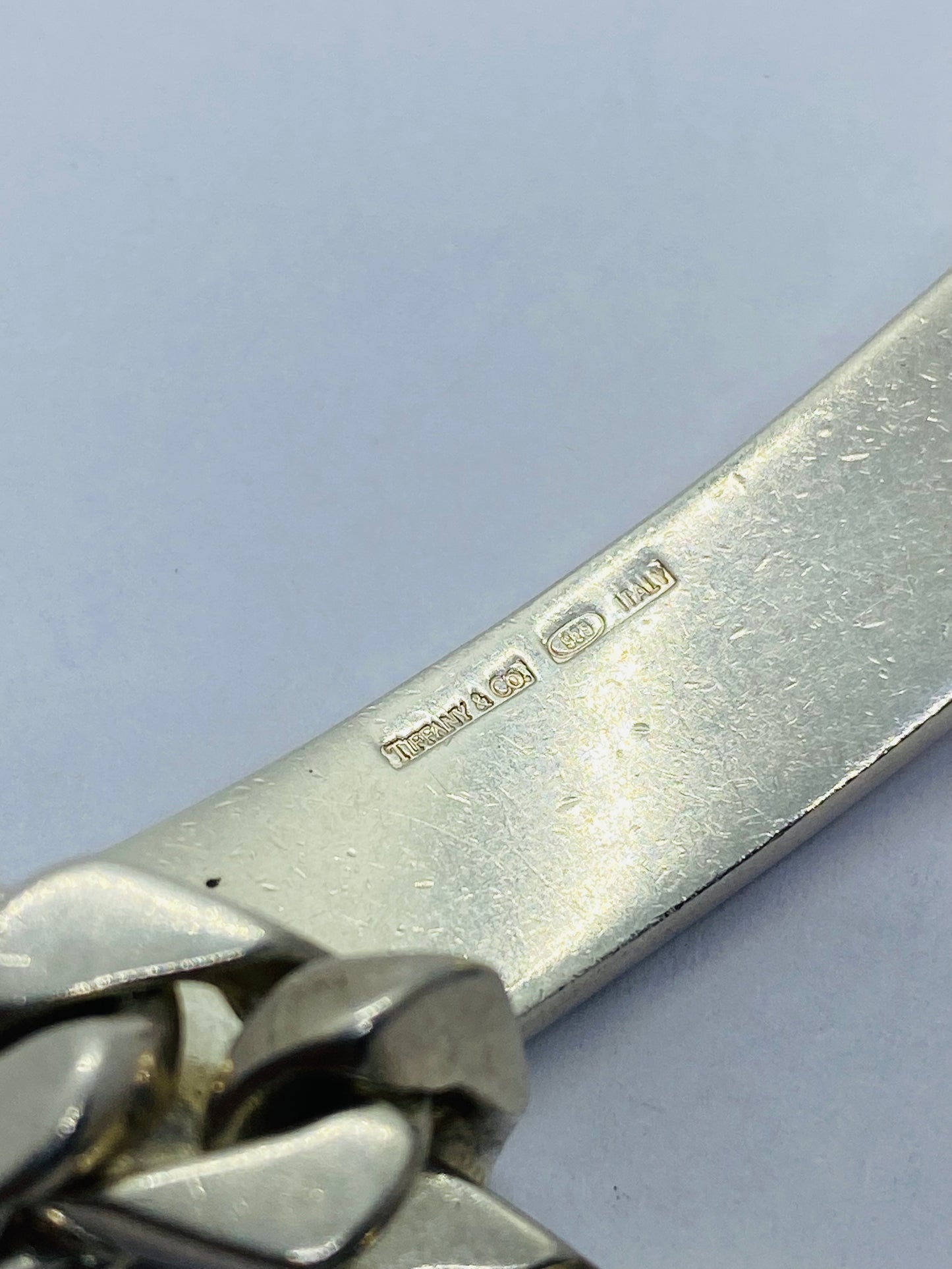Tiffany & Co. Sterling Silver 53 Gram 8 1/2" Men's Curb Link ID Bracelet Brushed