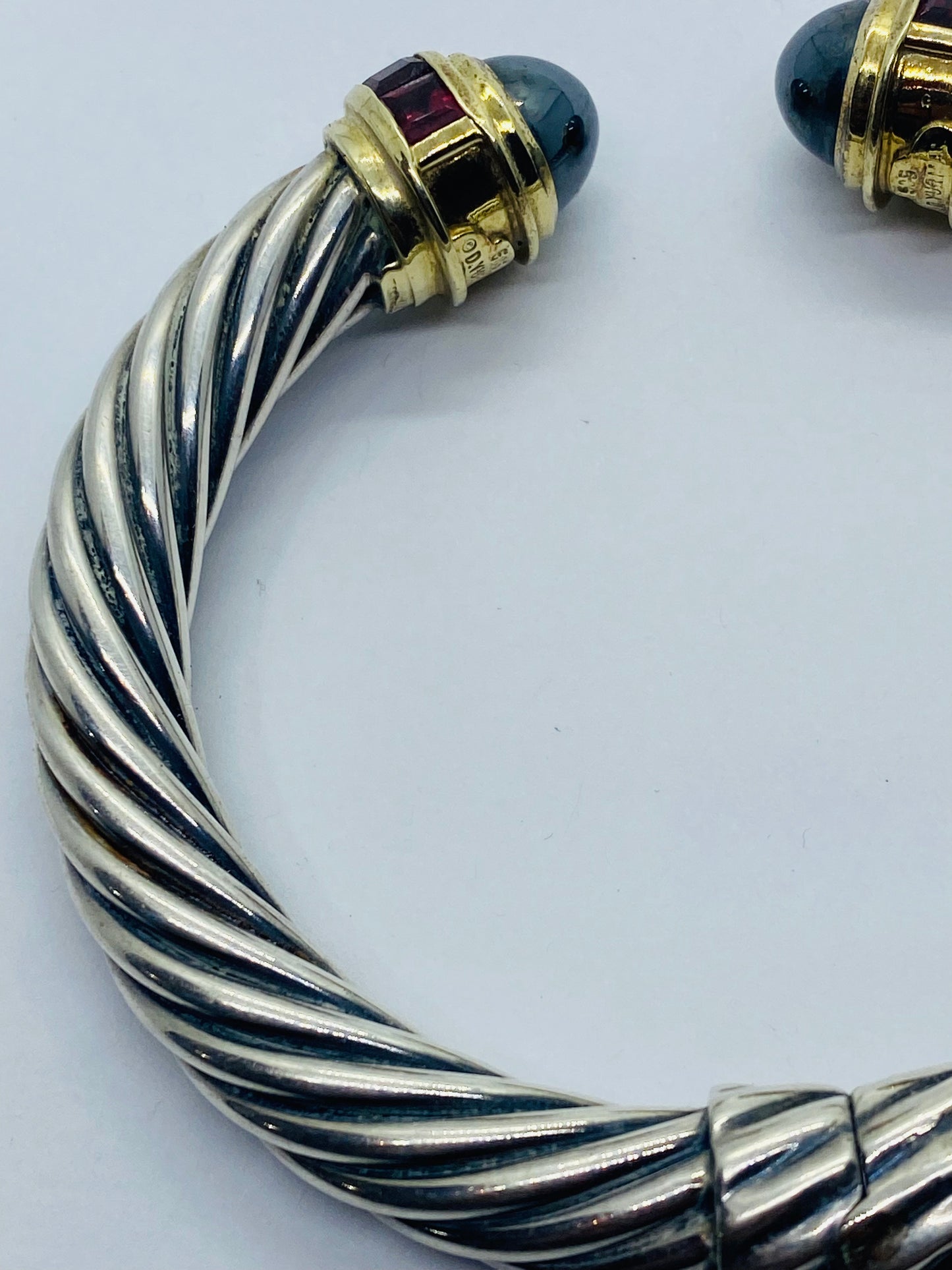 David Yurman 9.5mm Cable Hematite Pink Tourmaline 14K Gold Hinged Bracelet 7”