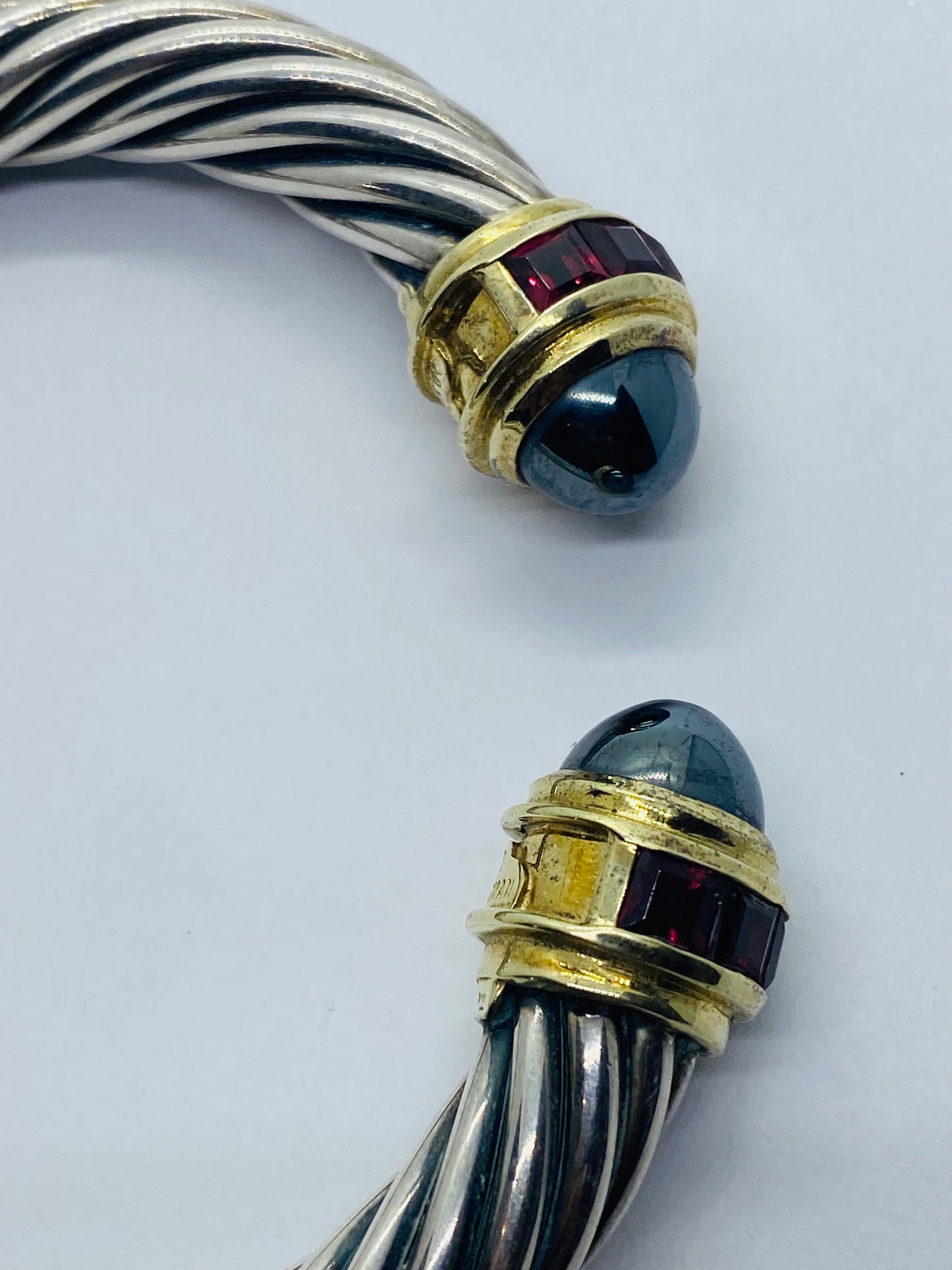 David Yurman 9.5mm Cable Hematite Pink Tourmaline 14K Gold Hinged Bracelet 7”