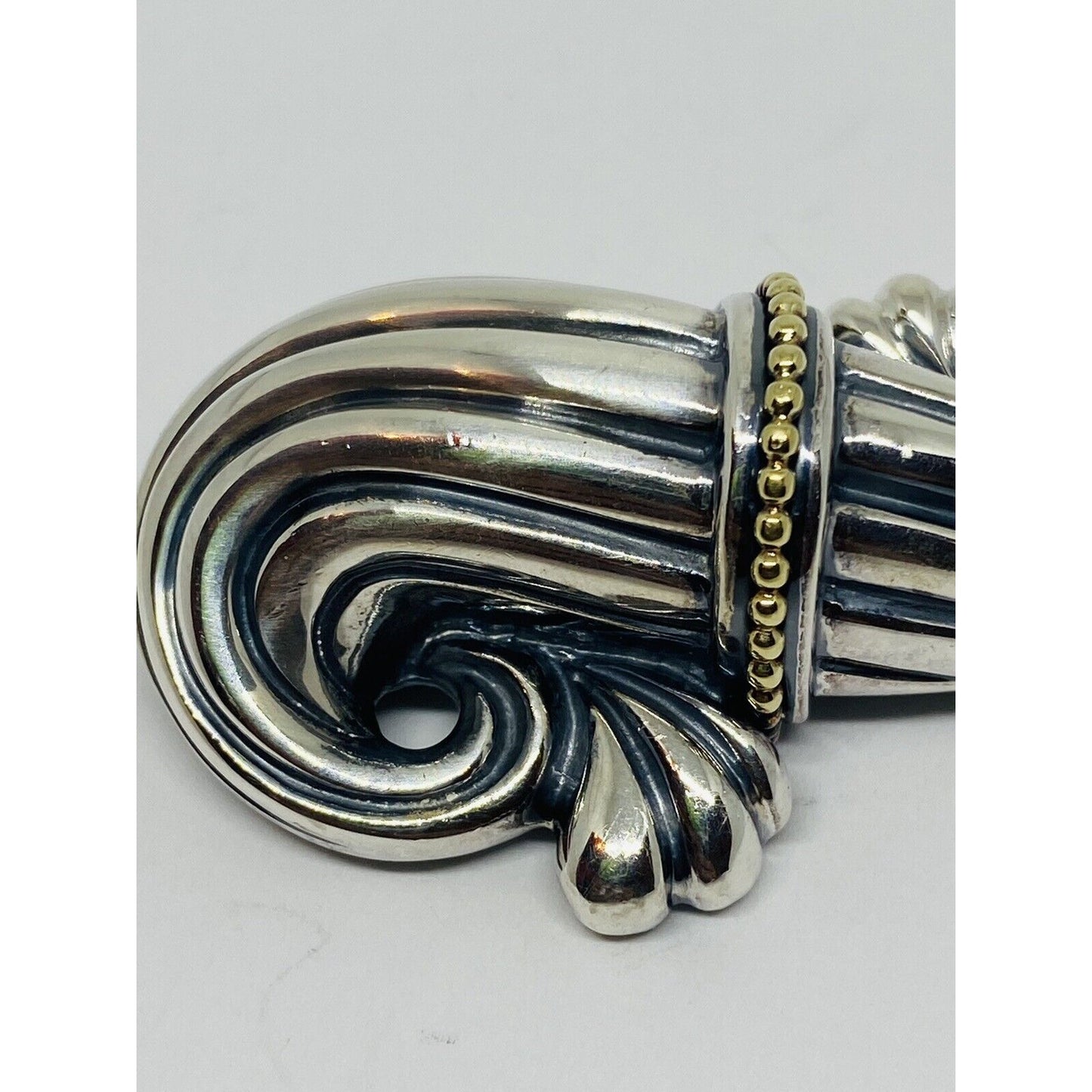 Vintage Lagos Caviar Sterling Silver 18K Gold Fluted Scroll Brooch XL 2” Long