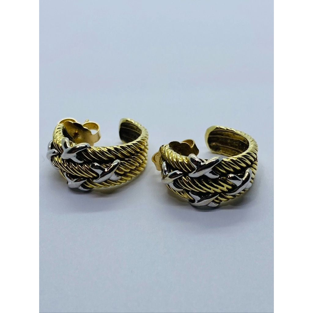 Rare David Yurman triple Cable Hoop Style X Cross Earrings 14K Gold