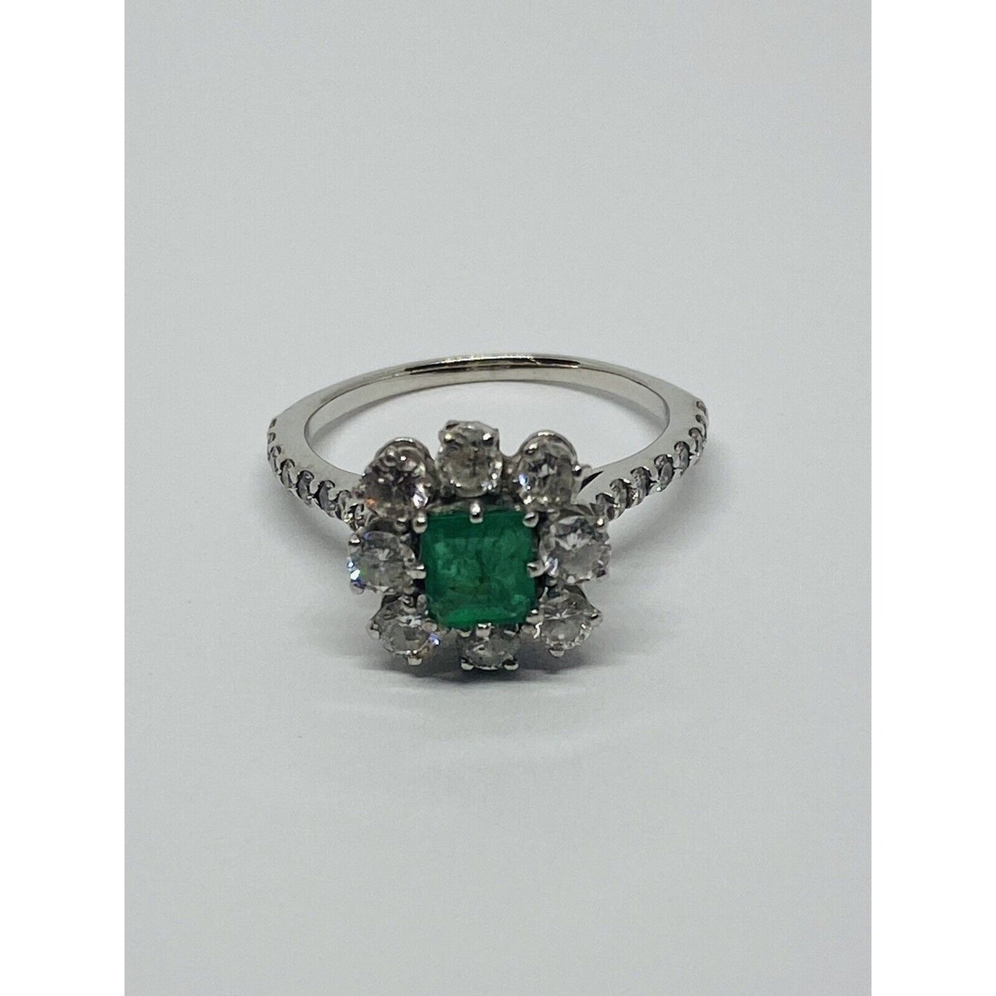 Natural Emerald and Diamond 14K White Gold Engagement Cocktail Ring 7.5
