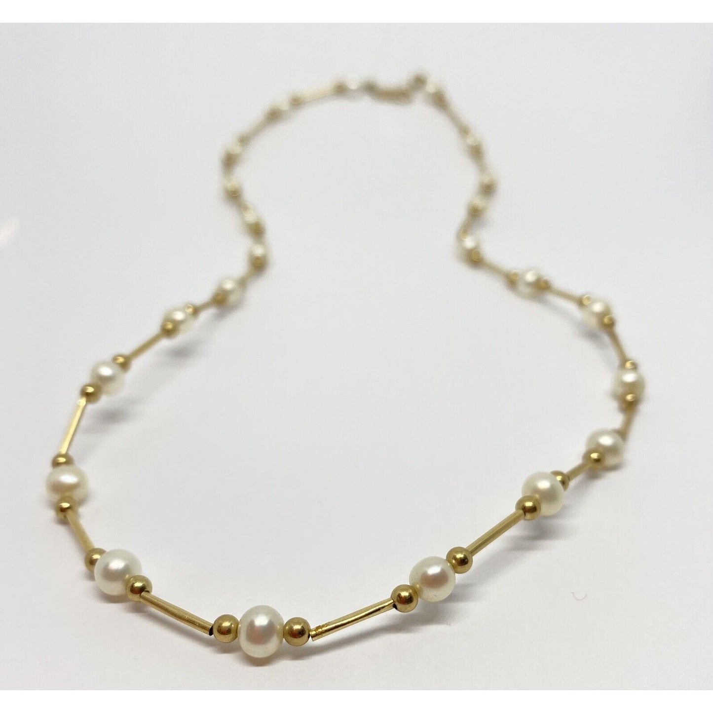 Vintage 14k Yellow Gold Pearl Station Link Necklace 17” 5MM Pearls