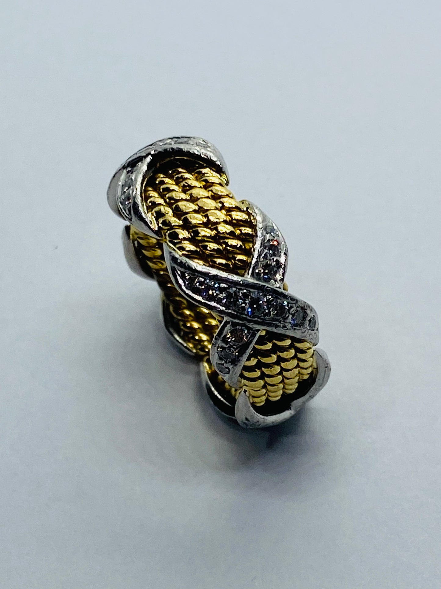 Tiffany & Co Schlumberger 18K YG, Platinum, & Diamond 4-row X Ring - Sz. 5.5