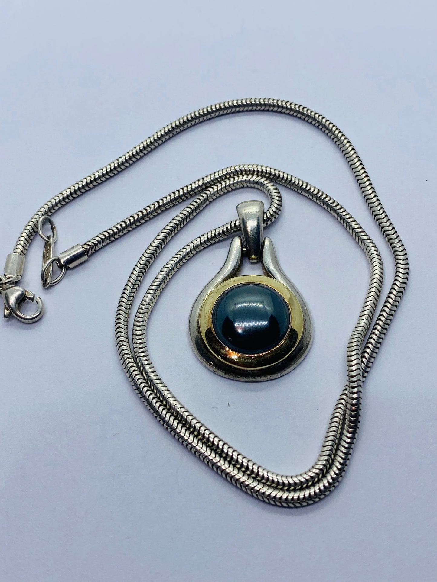 Vintage Tiffany & Co 18K Yellow Gold Silver Hematite Pendant Snake Necklace Rare