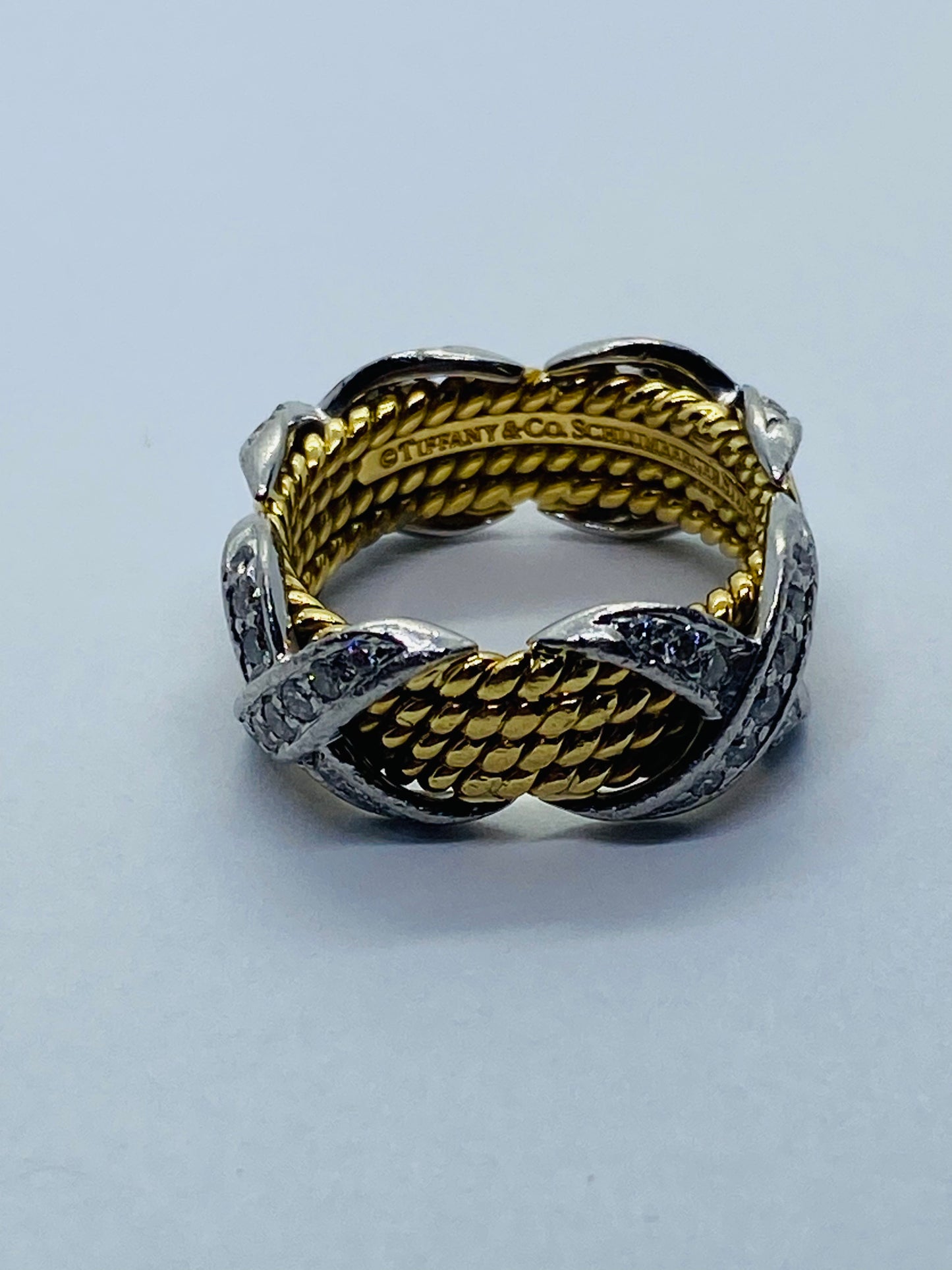 Tiffany & Co Schlumberger 18K YG, Platinum, & Diamond 4-row X Ring - Sz. 5.5