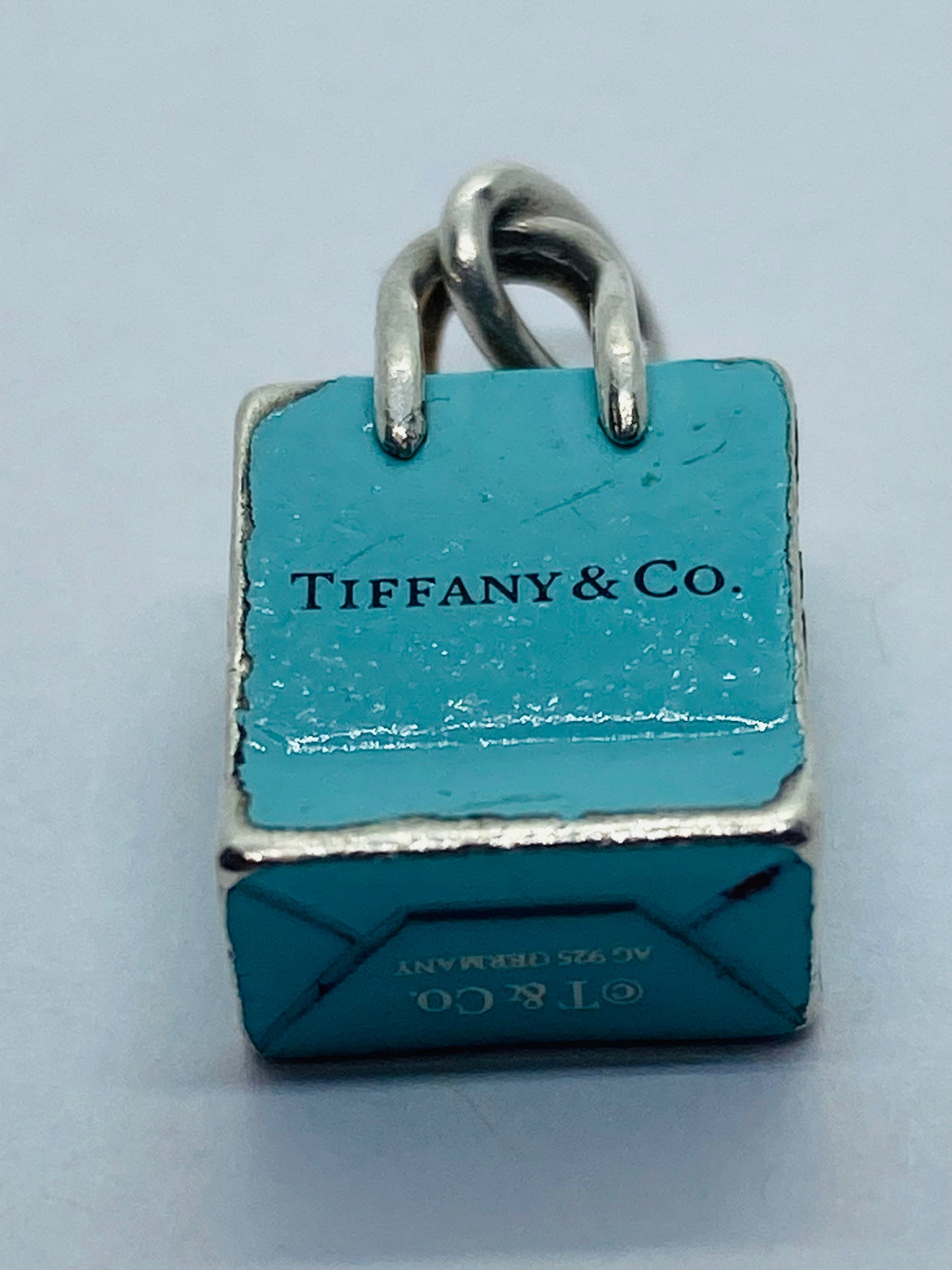 Tiffany & Co Sterling Silver Blue Enamel Shopping Bag Charm Pendant