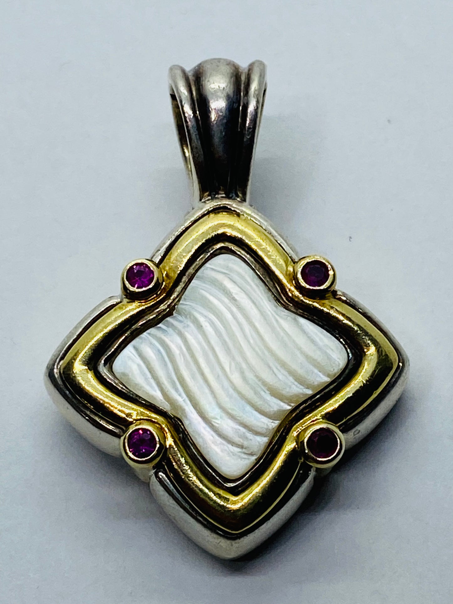 David Yurman SS & 18K Large 27MM Carved Mother of Pearl Quatrefoil Pendant