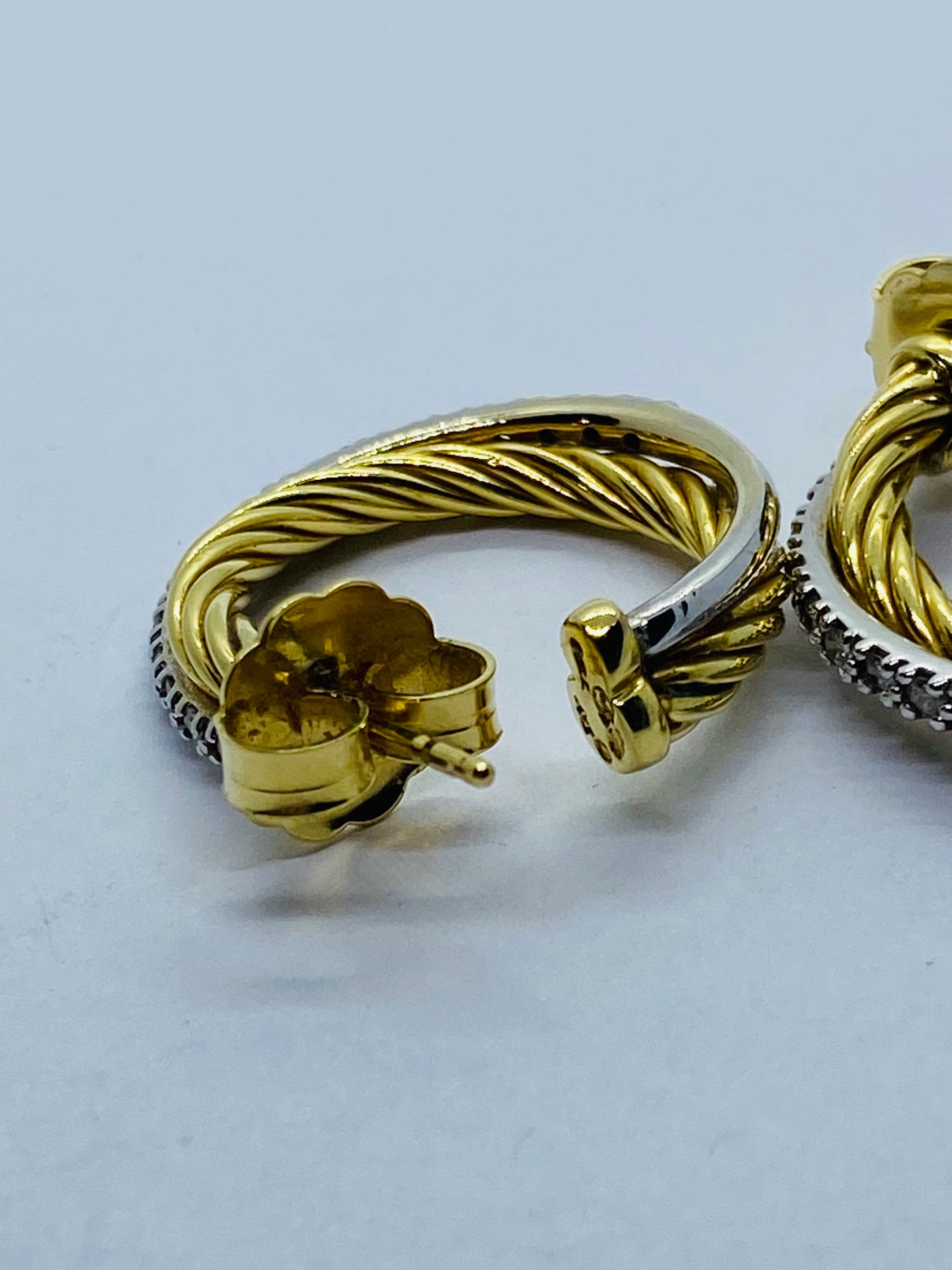 David Yurman 18k Yellow White Gold Diamond 23mm Crossover Hoop Earrings .68CT