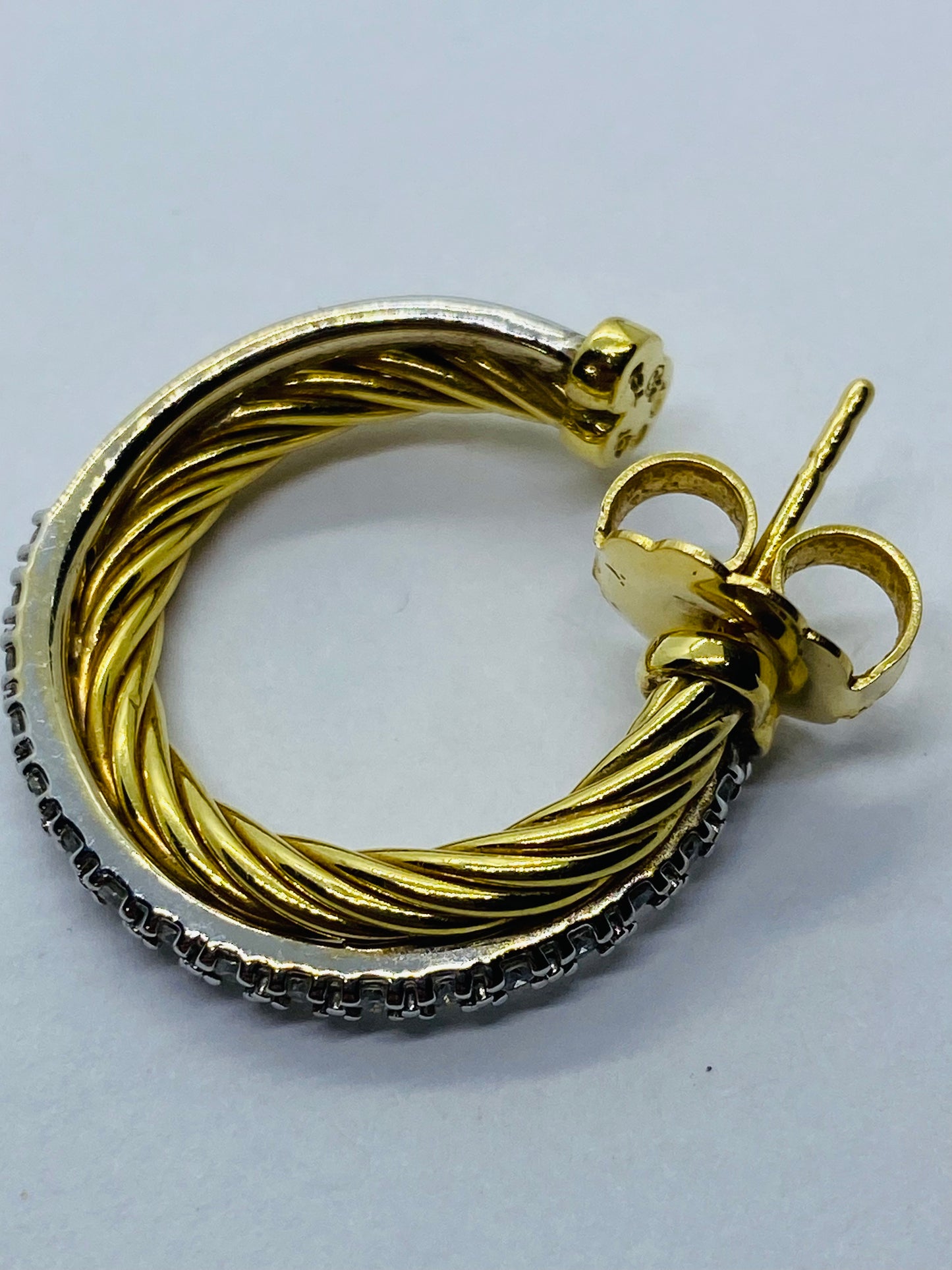David Yurman 18k Yellow White Gold Diamond 23mm Crossover Hoop Earrings .68CT