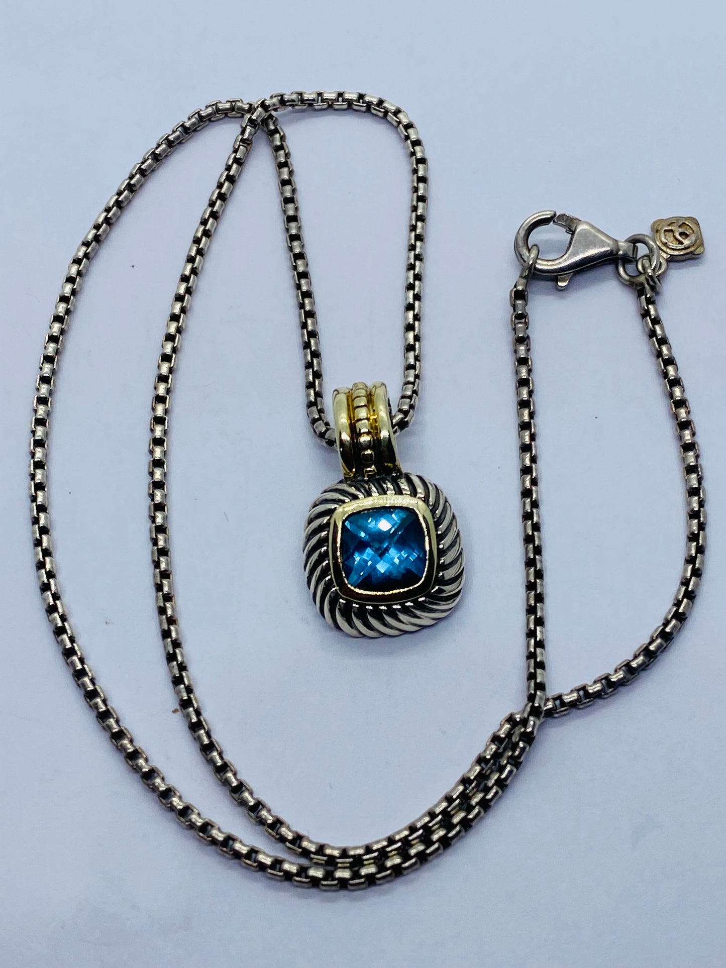 David Yurman Sterling Silver & 14k Blue Topaz Albion Pendant Enhancer 16.5”