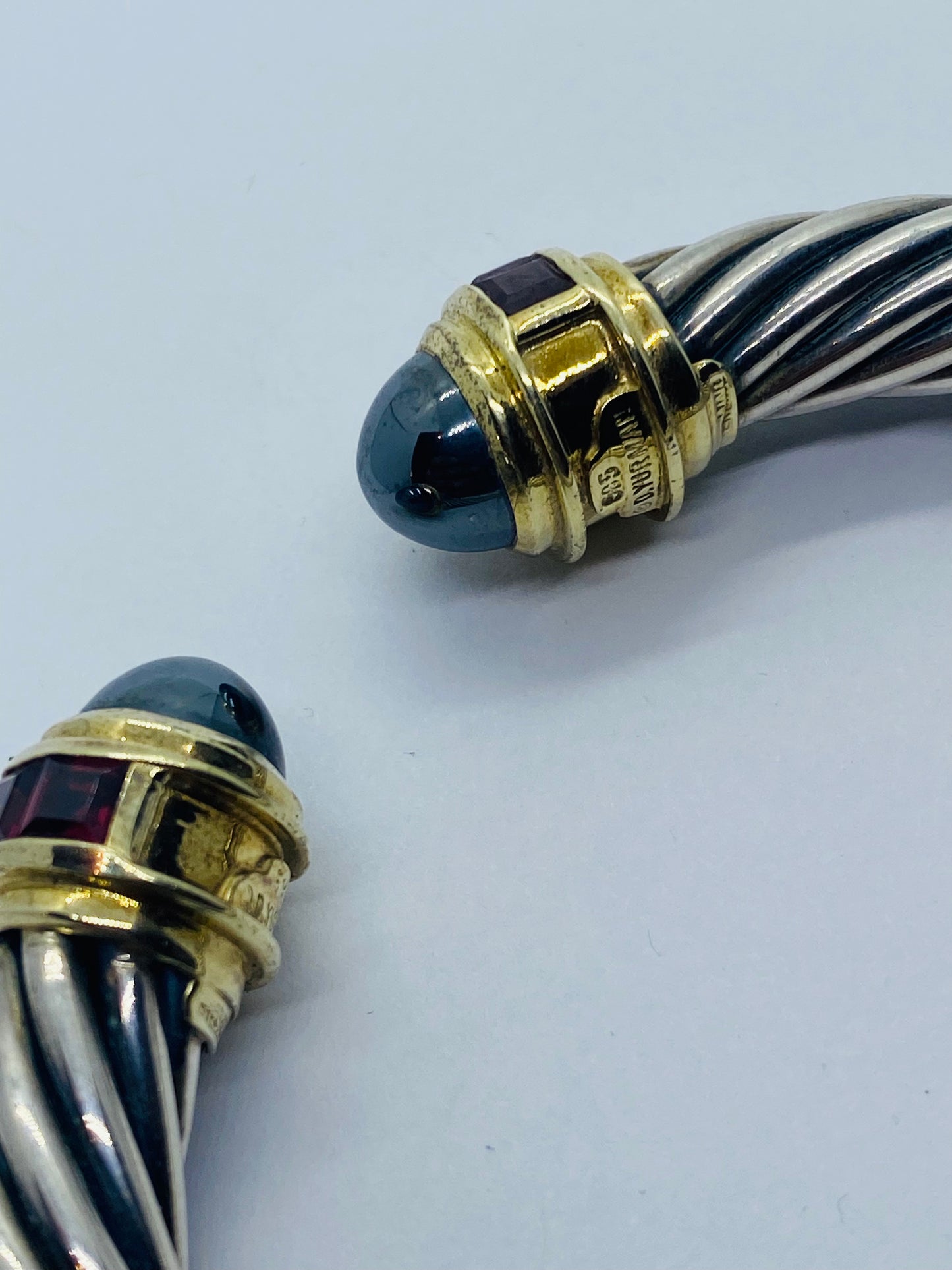 David Yurman 9.5mm Cable Hematite Pink Tourmaline 14K Gold Hinged Bracelet 7”