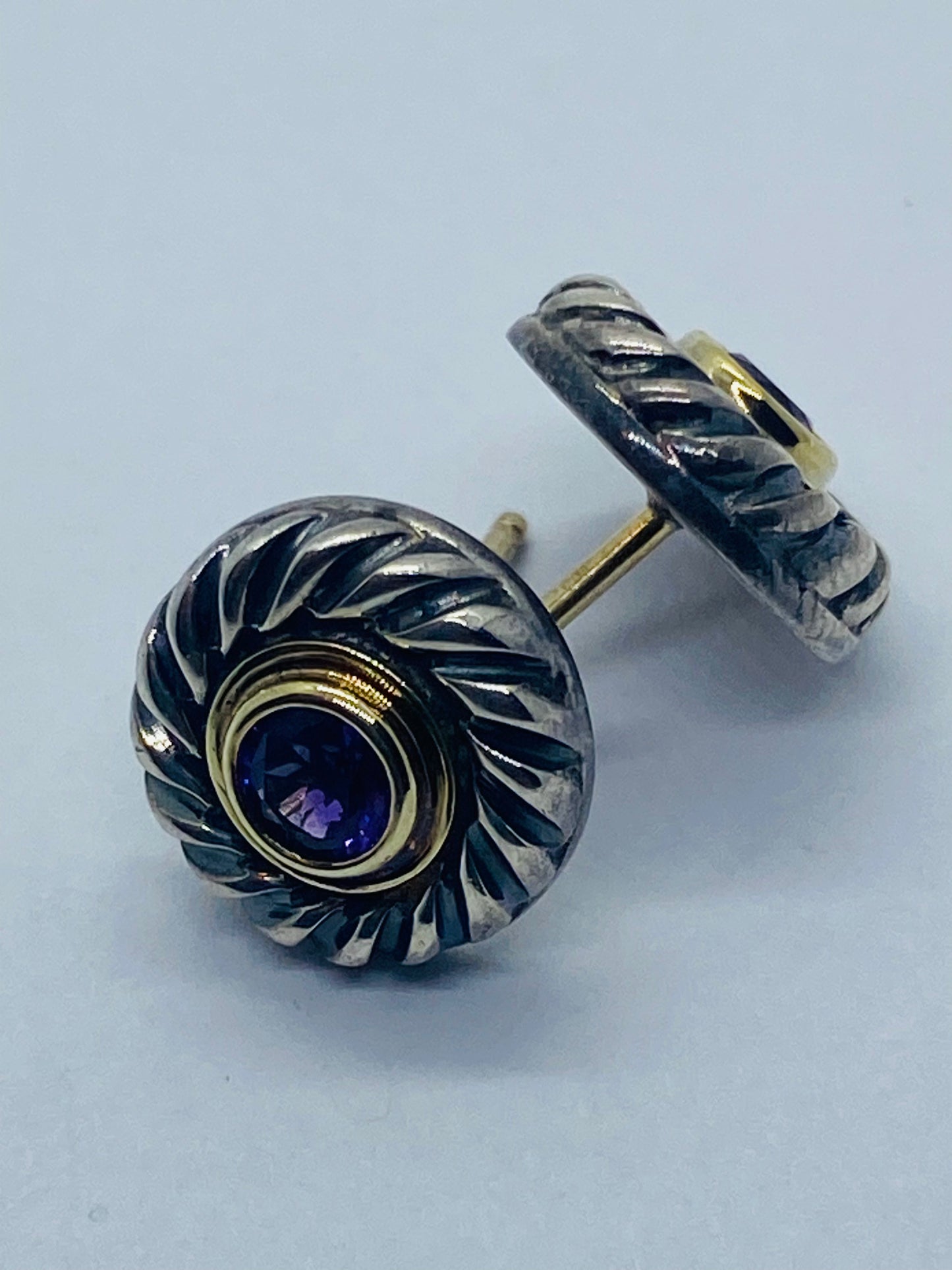 Estate DAVID YURMAN Sterling Silver 14K Gold Amethyst Cookie Pierced Earrings