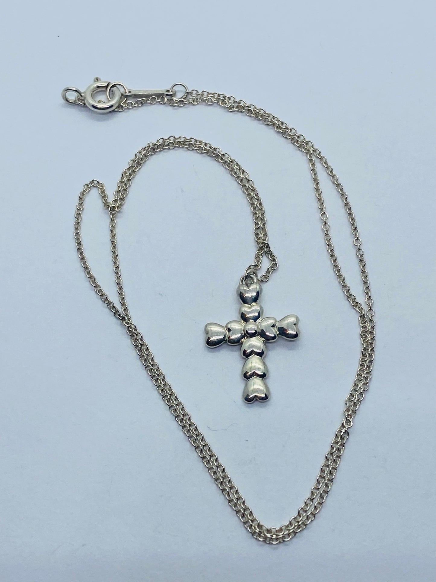 Tiffany & Co Silver Crown of Hearts Cross Pendant 16” Chain Necklace Pouch & Box