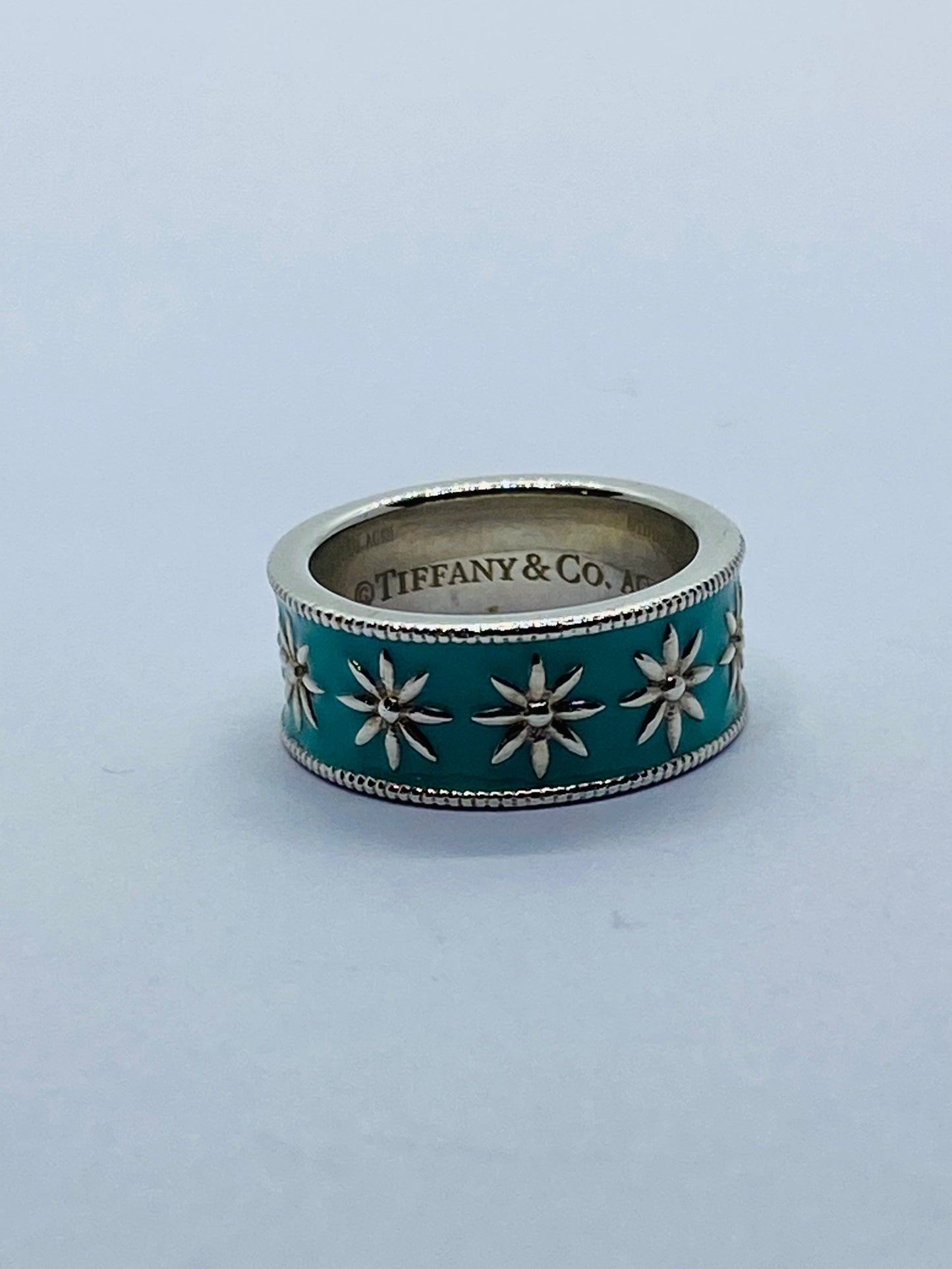 Tiffany & Co Silver MINT NEW RARE Blue Enamel Daisy Ring Size 4!