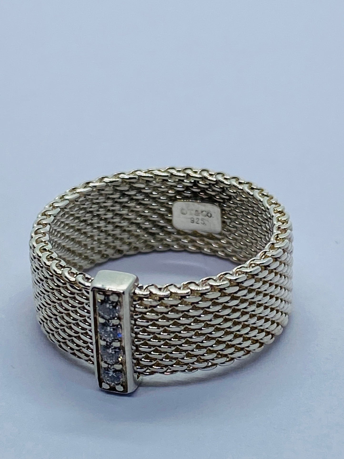 Tiffany & Co Sterling Silver Diamond Mesh Somerset Wide Band Ring. Retired