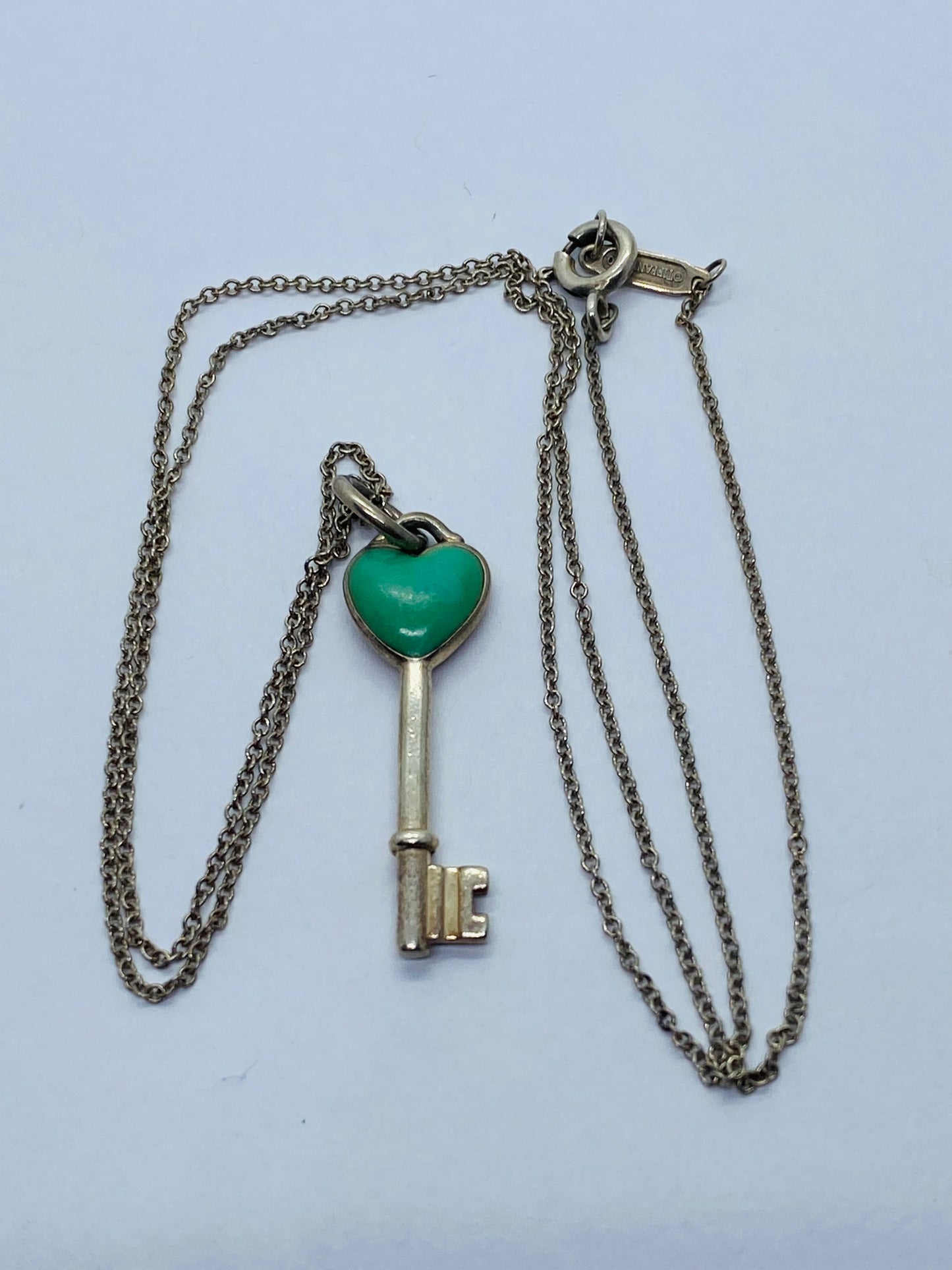 Tiffany & Co. 925 Sterling Silver Blue Enamel Mini Key Heart Necklace 18.25”