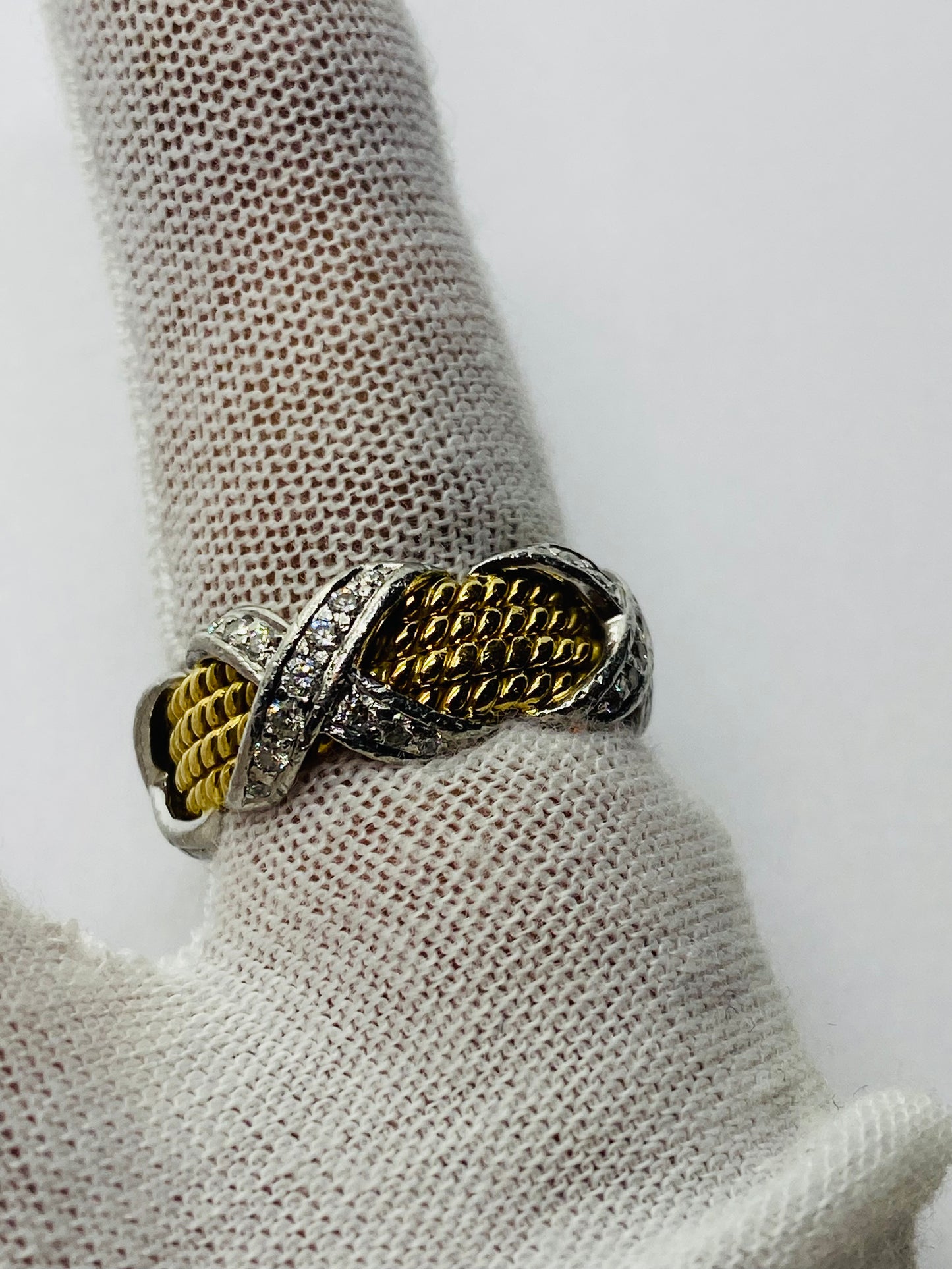 Tiffany & Co Schlumberger 18K YG, Platinum, & Diamond 4-row X Ring - Sz. 5.5