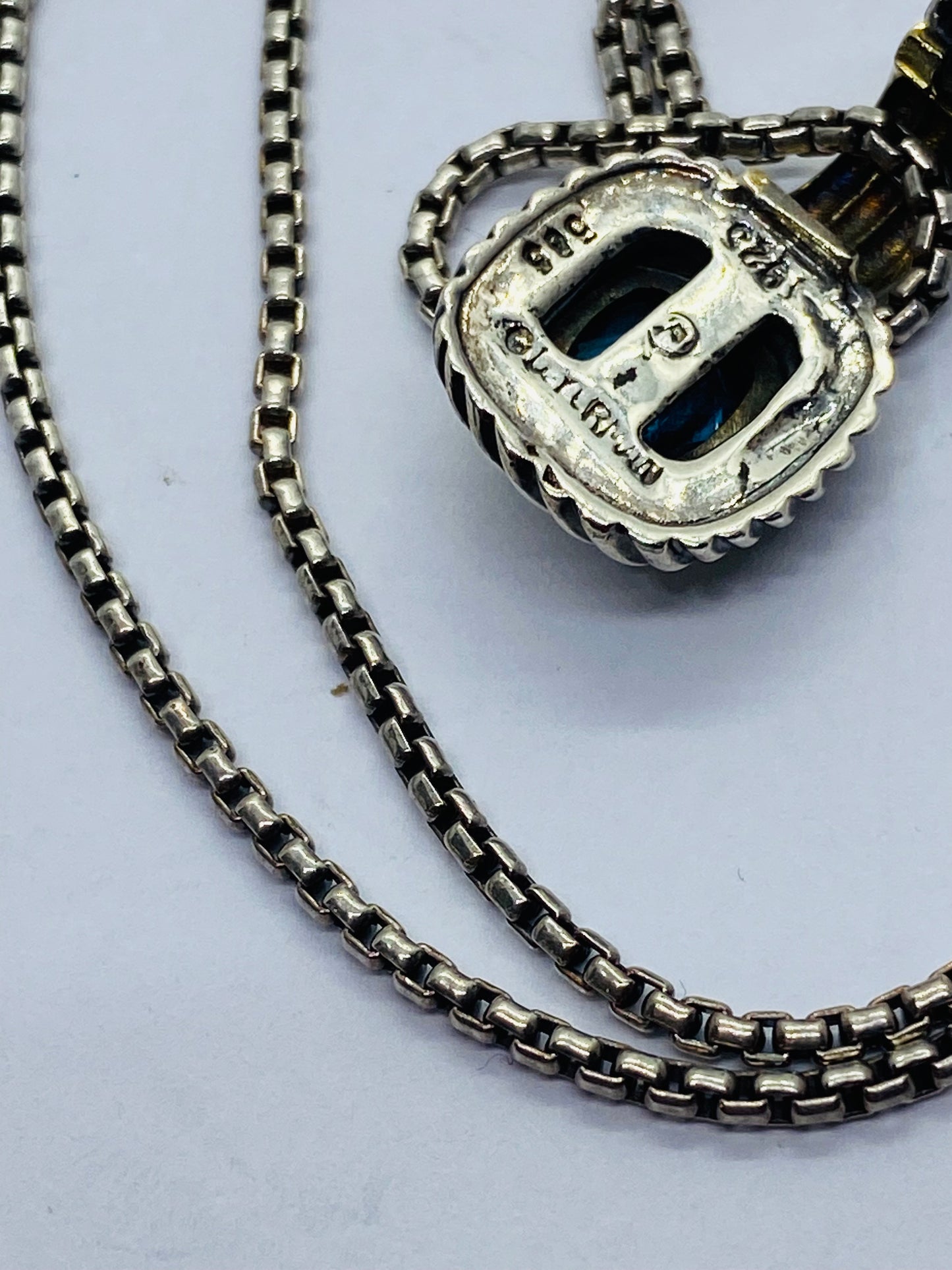 David Yurman Sterling Silver & 14k Blue Topaz Albion Pendant Enhancer 16.5”