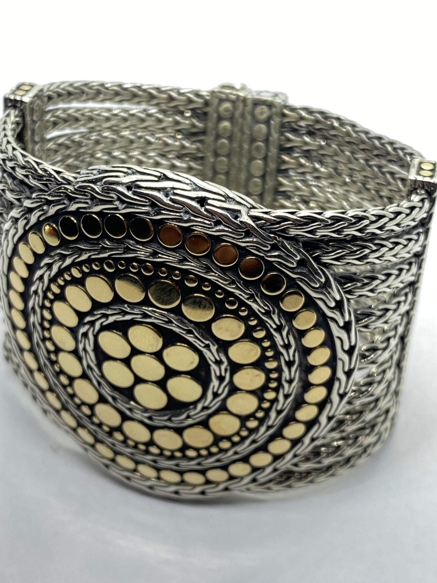 John Hardy 18K Yellow Gold 925 Sterling Mesh Dot Multi Strand (9) Bracelet 53MM