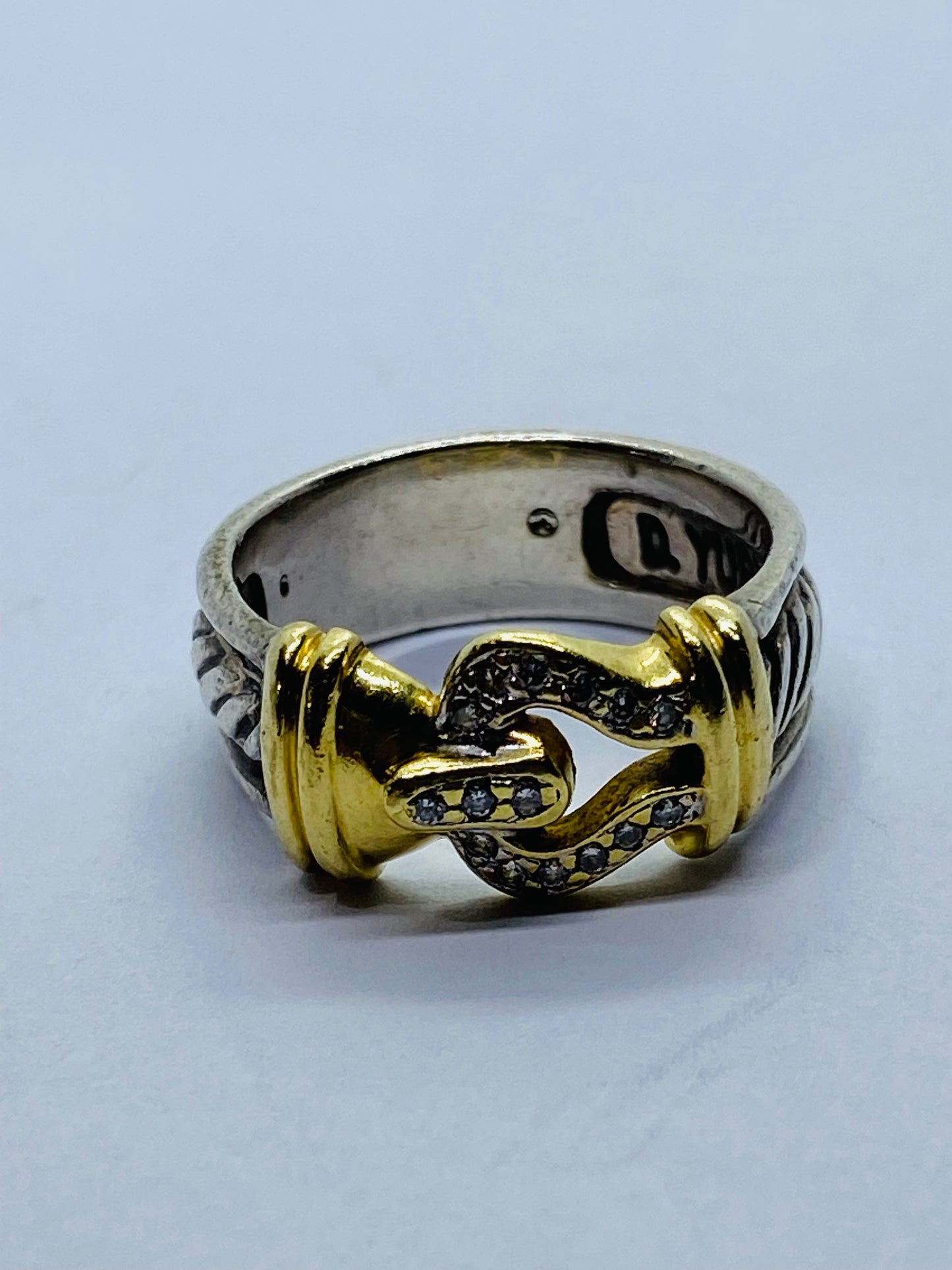 David Yurman 18K Yellow Gold & Sterling Silver .30CT Round Diamond Buckle Ring 6