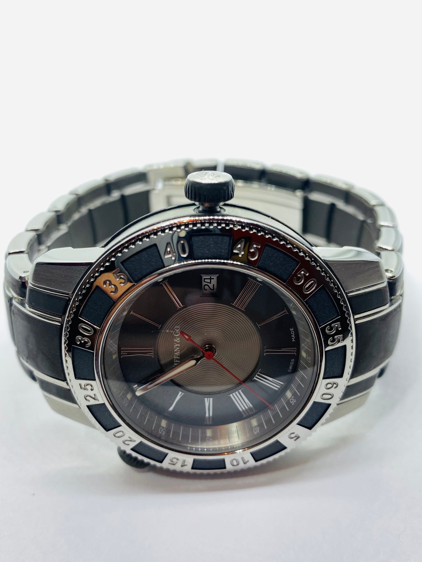 Tiffany Resonator T-57 Quartz Watch With Gray Rubber And Stainless Band (read)