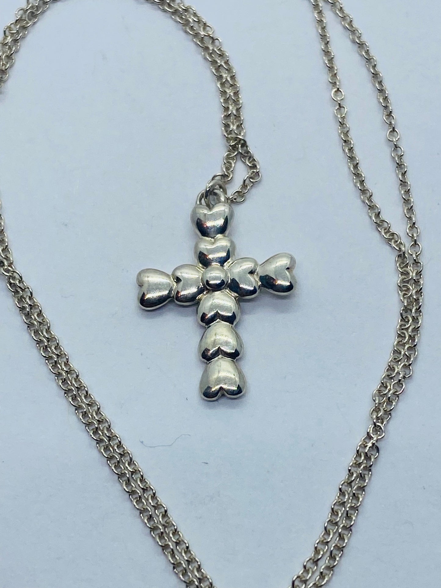 Tiffany & Co Silver Crown of Hearts Cross Pendant 16” Chain Necklace Pouch & Box