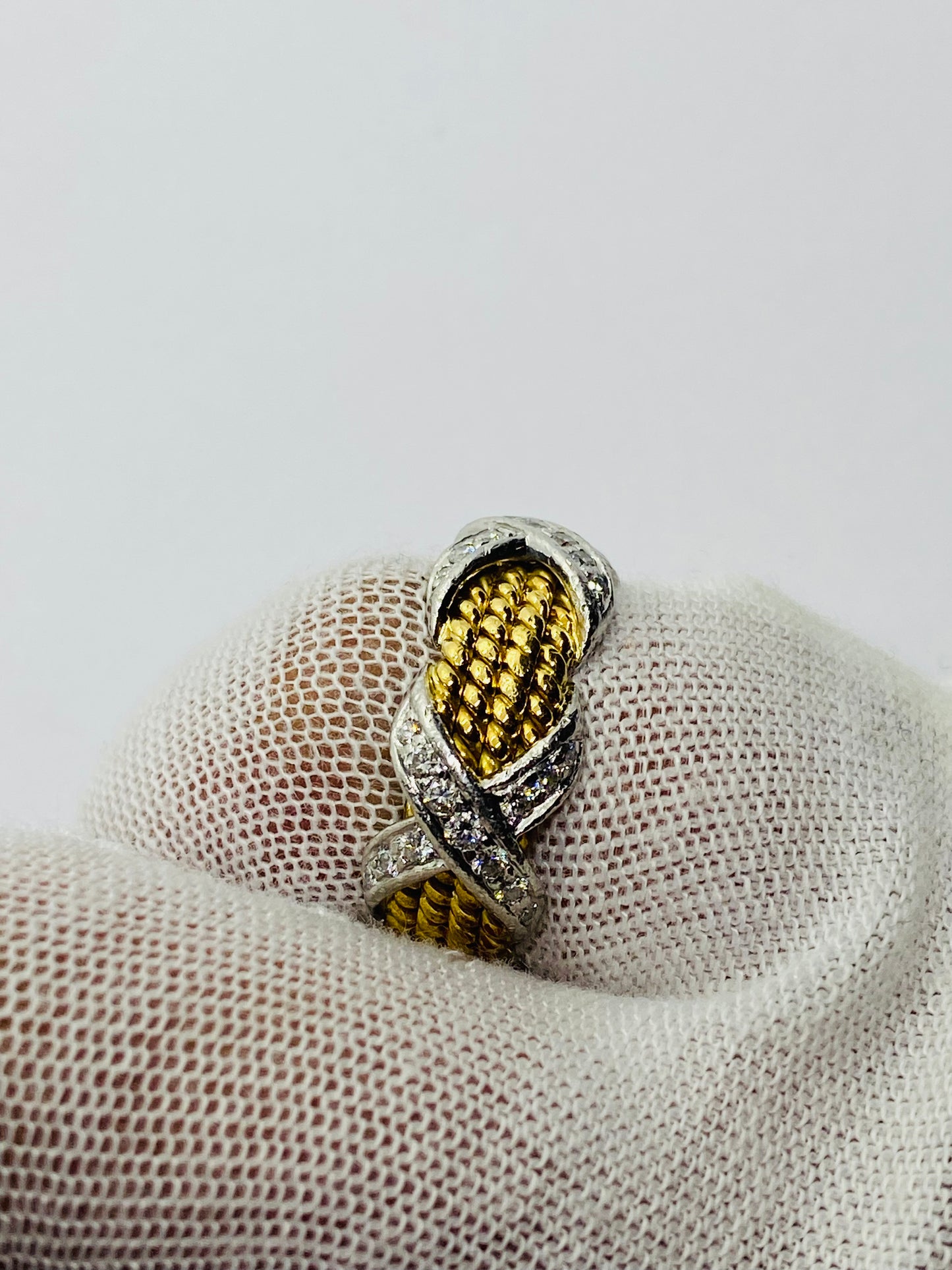 Tiffany & Co Schlumberger 18K YG, Platinum, & Diamond 4-row X Ring - Sz. 5.5