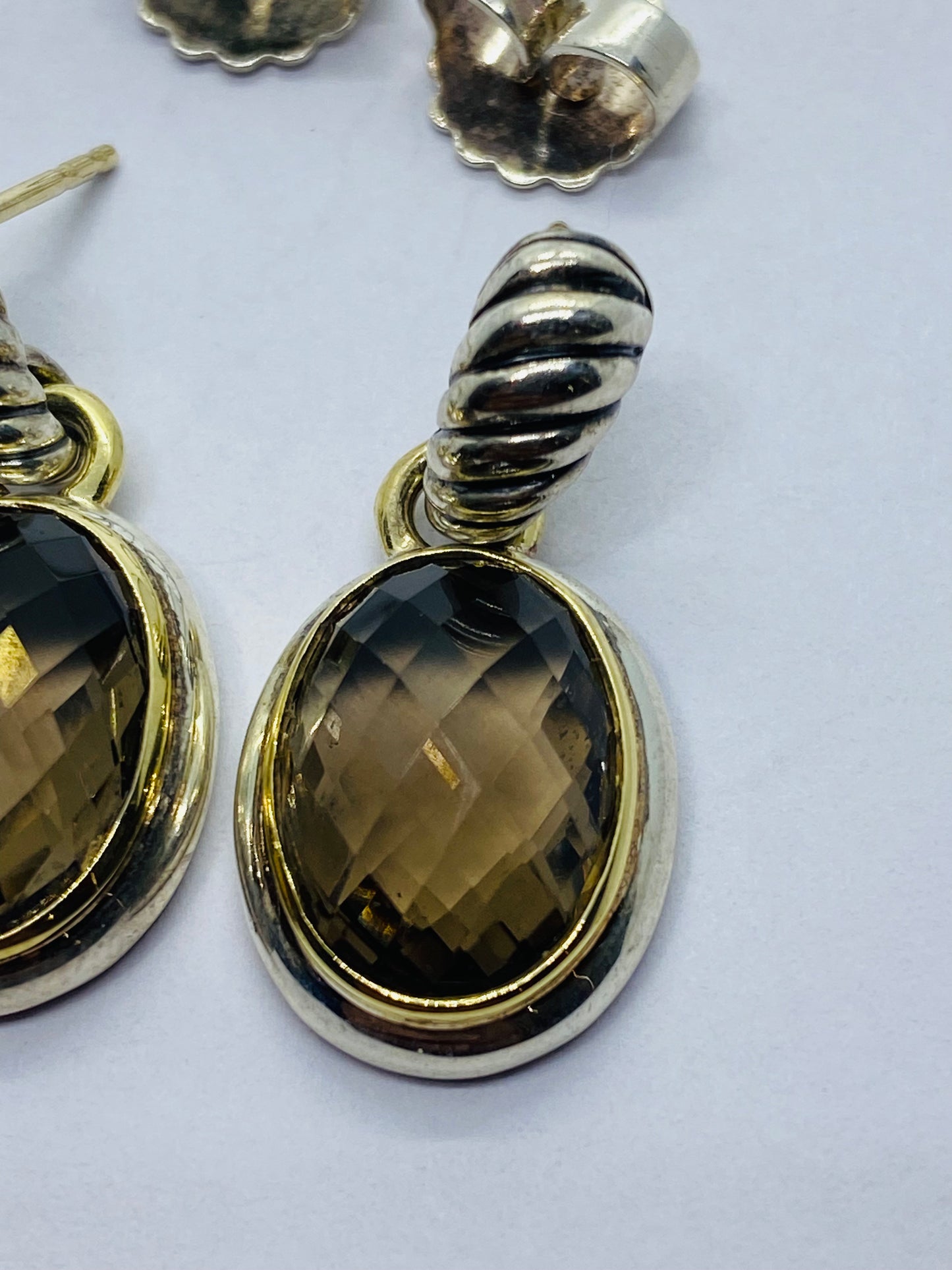 DAVID YURMAN STERLING SILVER 18K YELLOW GOLD OVAL SMOKEY TOOAZ DROP DANGLE