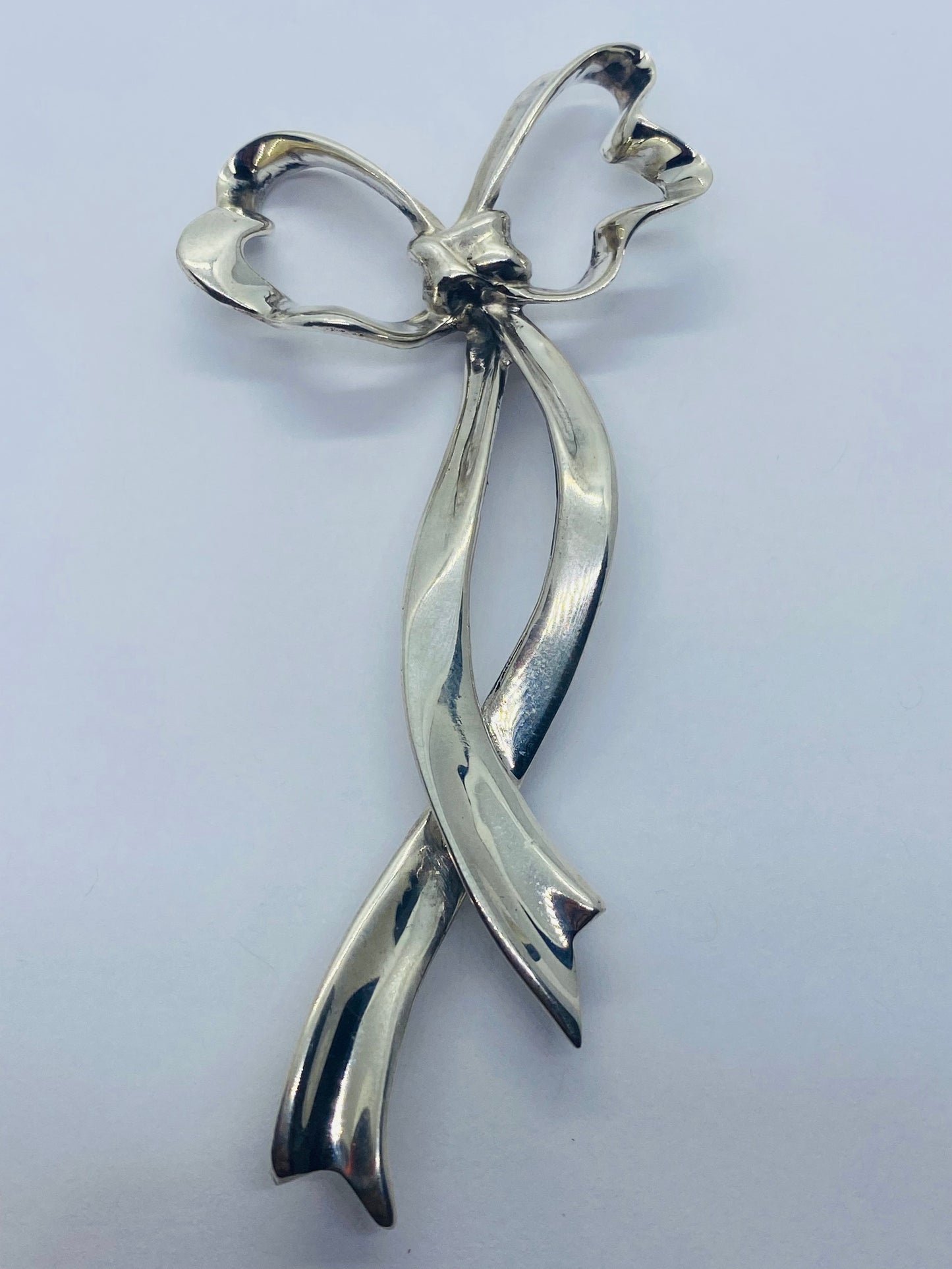Vintage Tiffany & Co. Bow Ribbon Pin / Brooch Sterling Silver 3 1/2 Tall 16 Gram