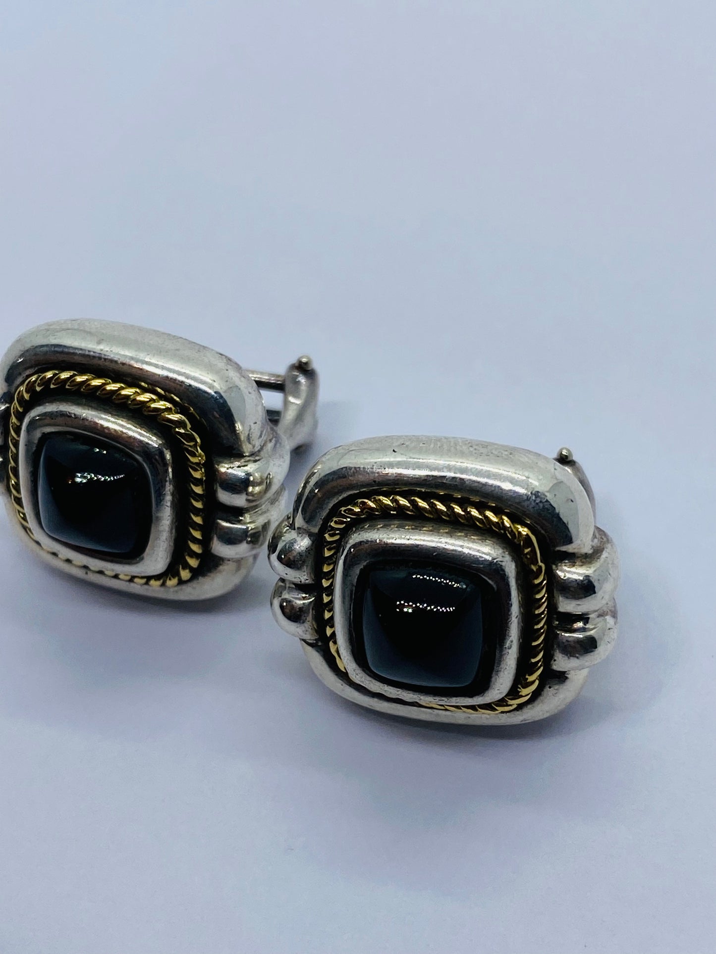 Tiffany & Co Silver Gold Rope Onyx Square Earrings Studs Pierced