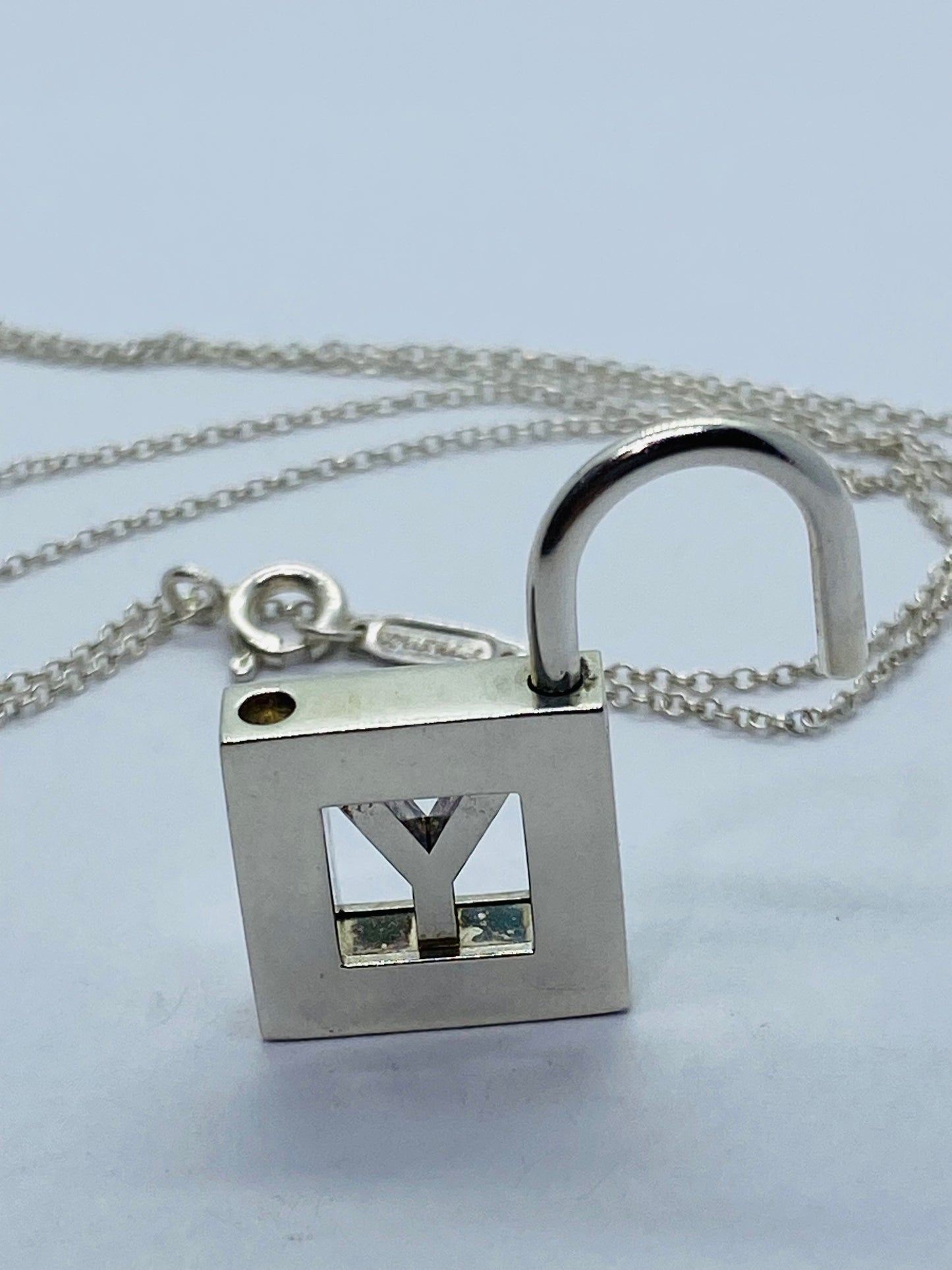 Tiffany & Co Silver Alphabet Letter "Y" Padlock Charm Pendant 17.5” Necklace