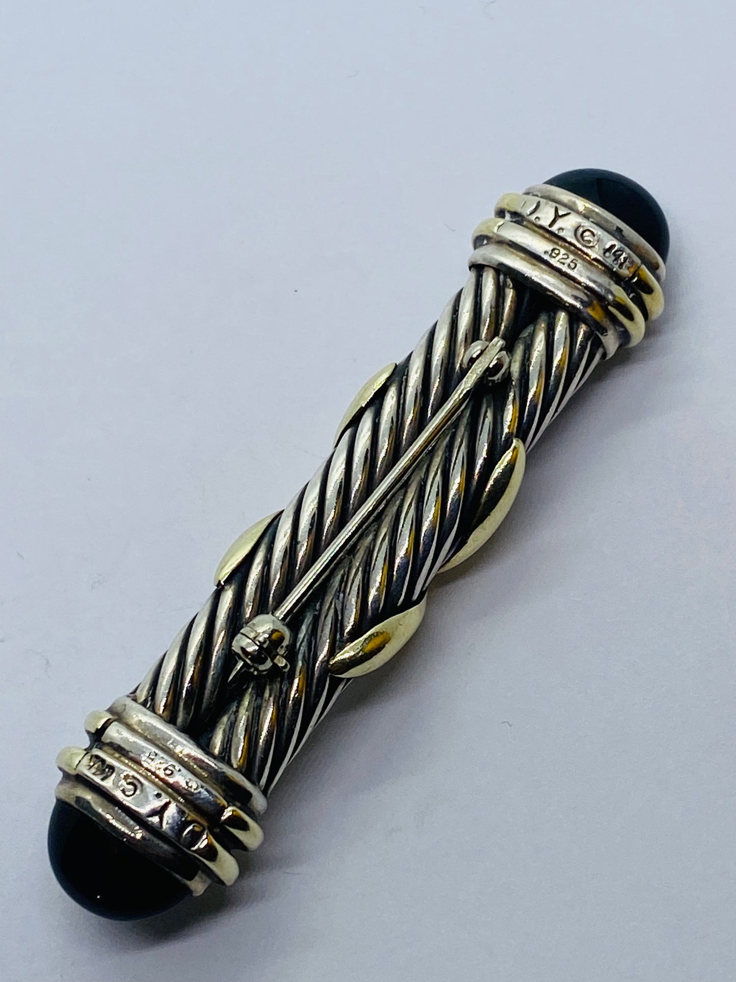 David Yurman Double Cable X Black Onyx 925 Silver 14K Gold Bar Brooch/Tie Pin