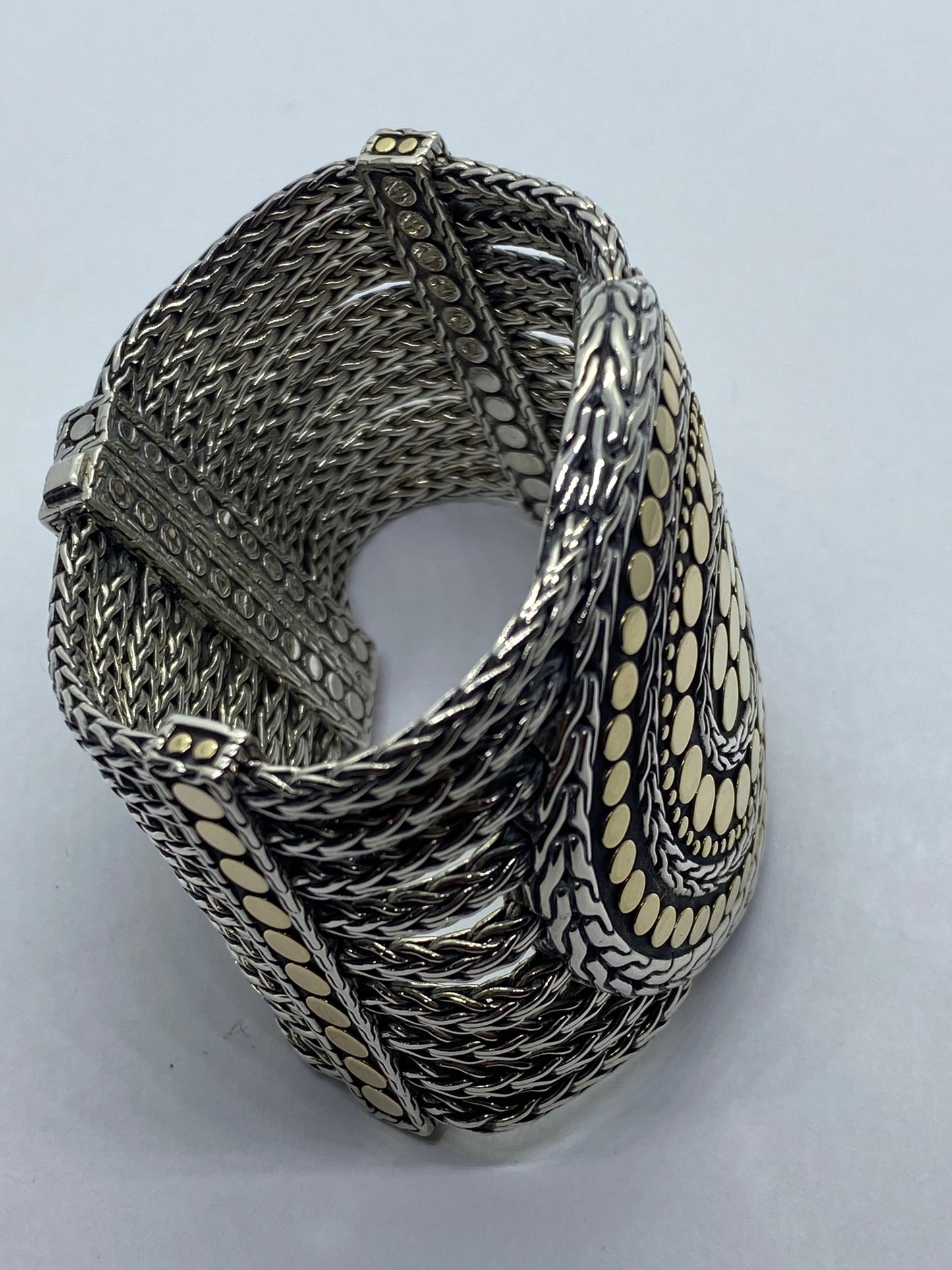 John Hardy 18K Yellow Gold 925 Sterling Mesh Dot Multi Strand (9) Bracelet 53MM
