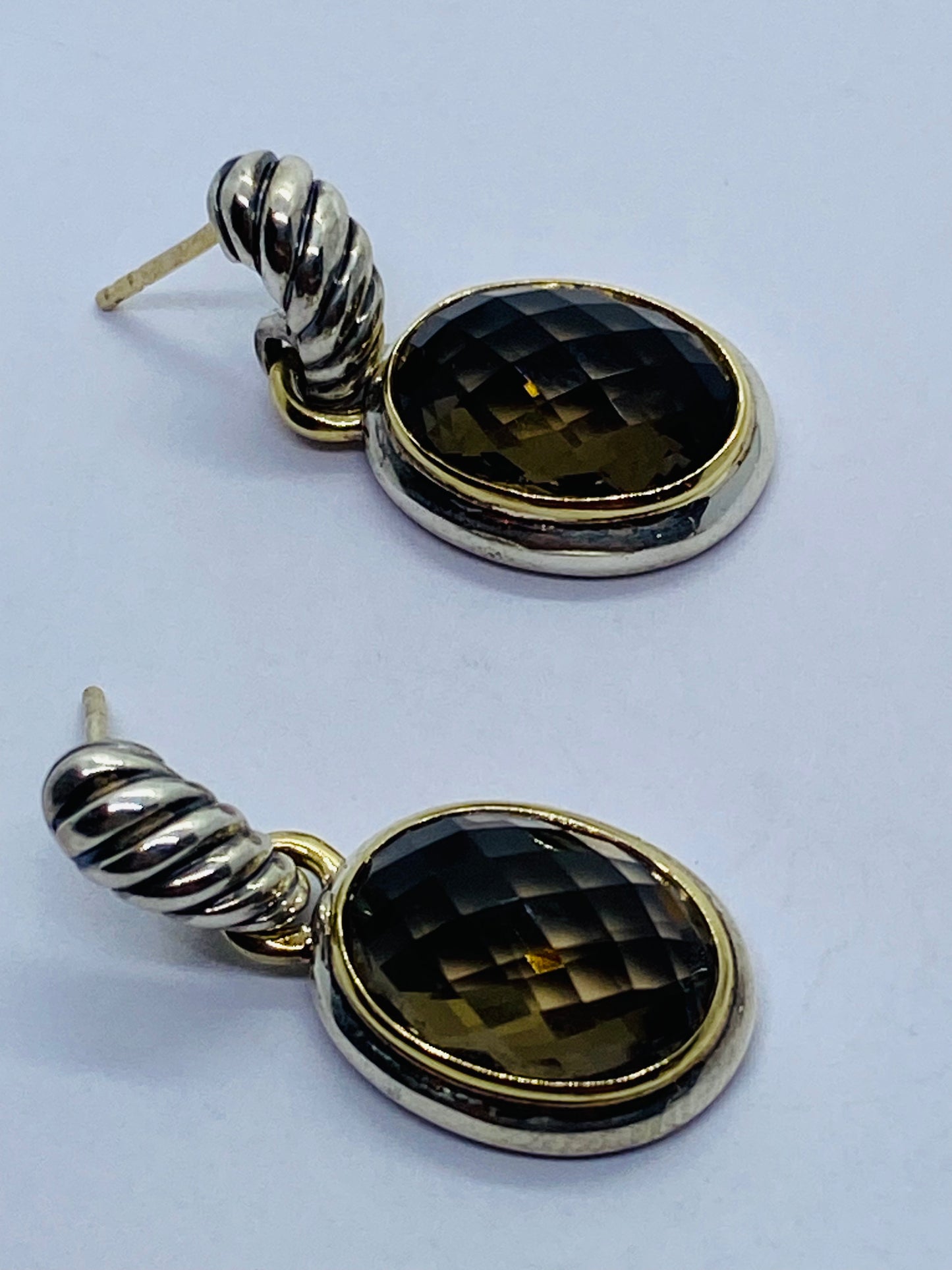 DAVID YURMAN STERLING SILVER 18K YELLOW GOLD OVAL SMOKEY TOOAZ DROP DANGLE