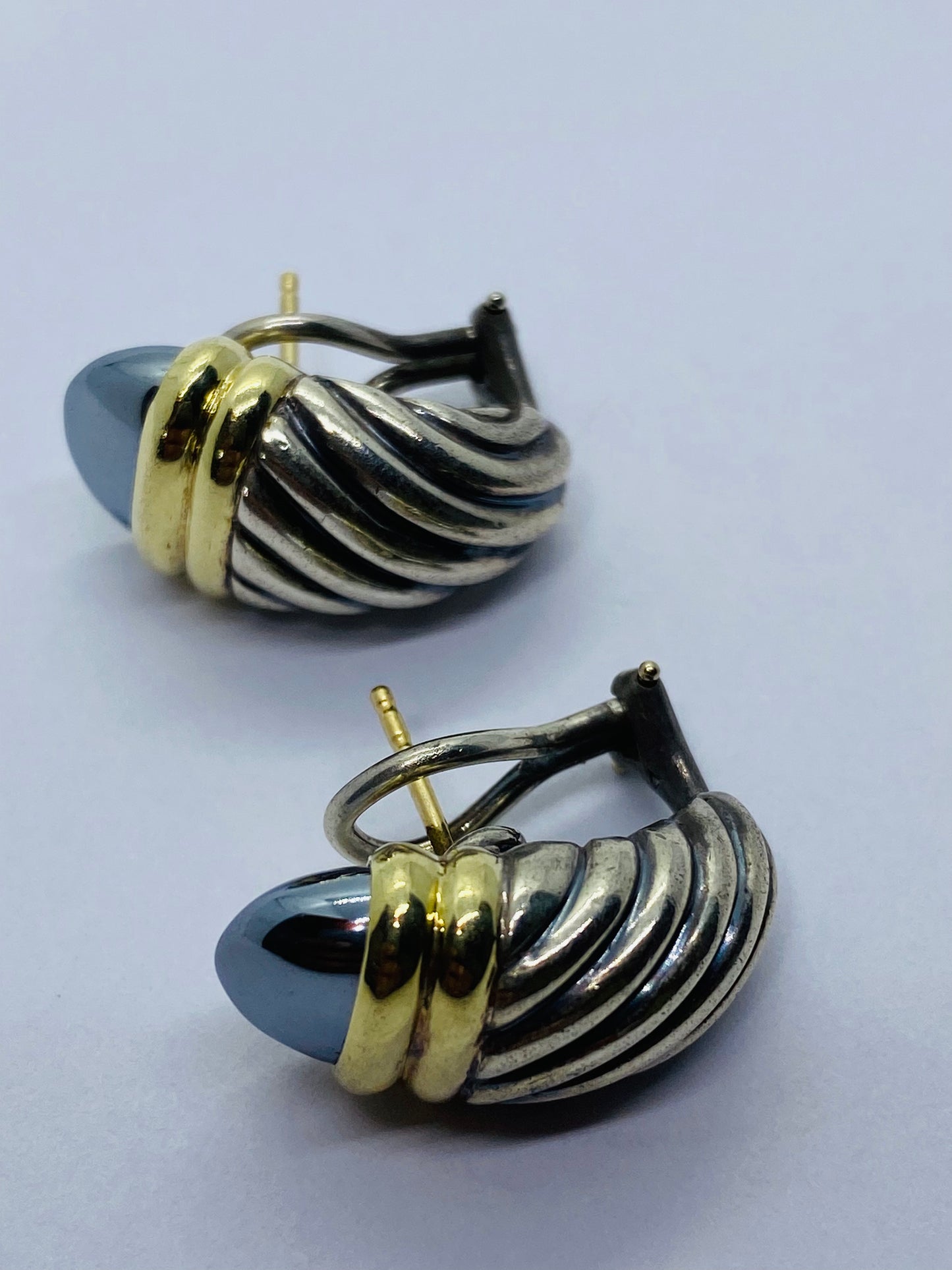David Yurman 925 Silver 585 Hematite Cable Shrimp Omega Earrings