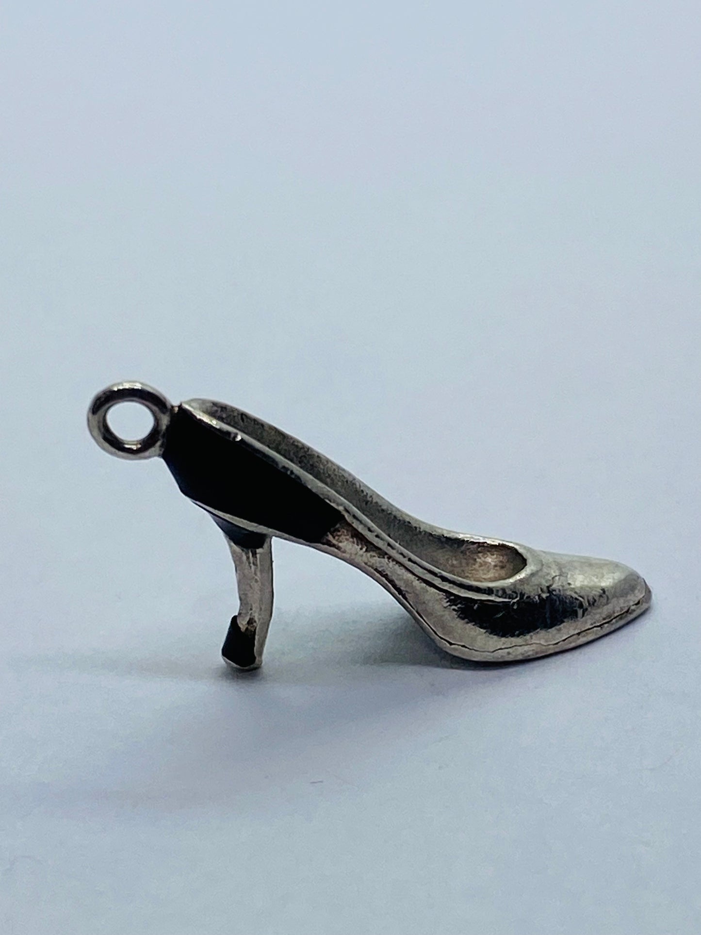 Tiffany & Co Silver Enamel Blue Black Enamel Plum Heel Shoe Charm Pump. Pouch