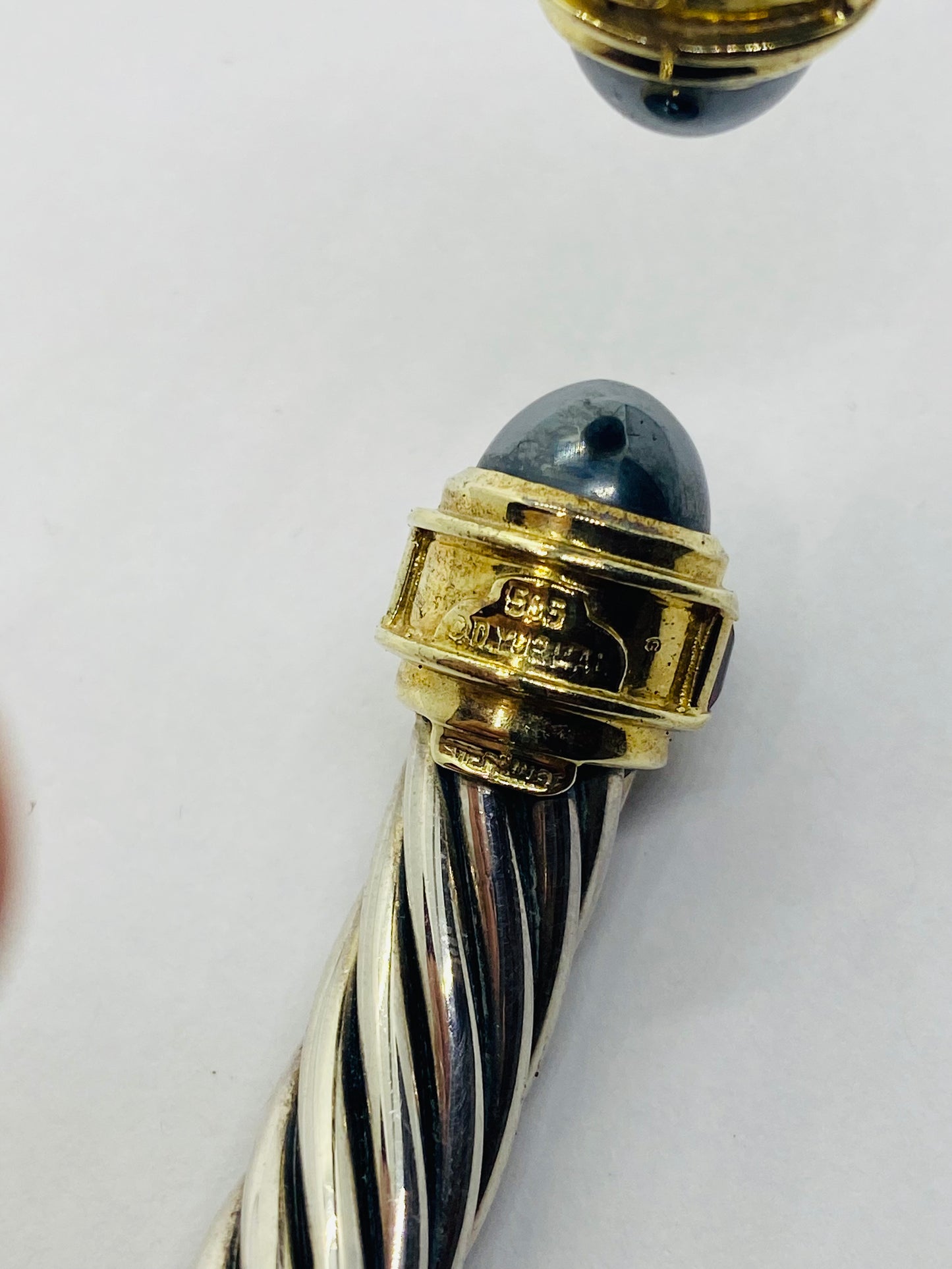 David Yurman 9.5mm Cable Hematite Pink Tourmaline 14K Gold Hinged Bracelet 7”