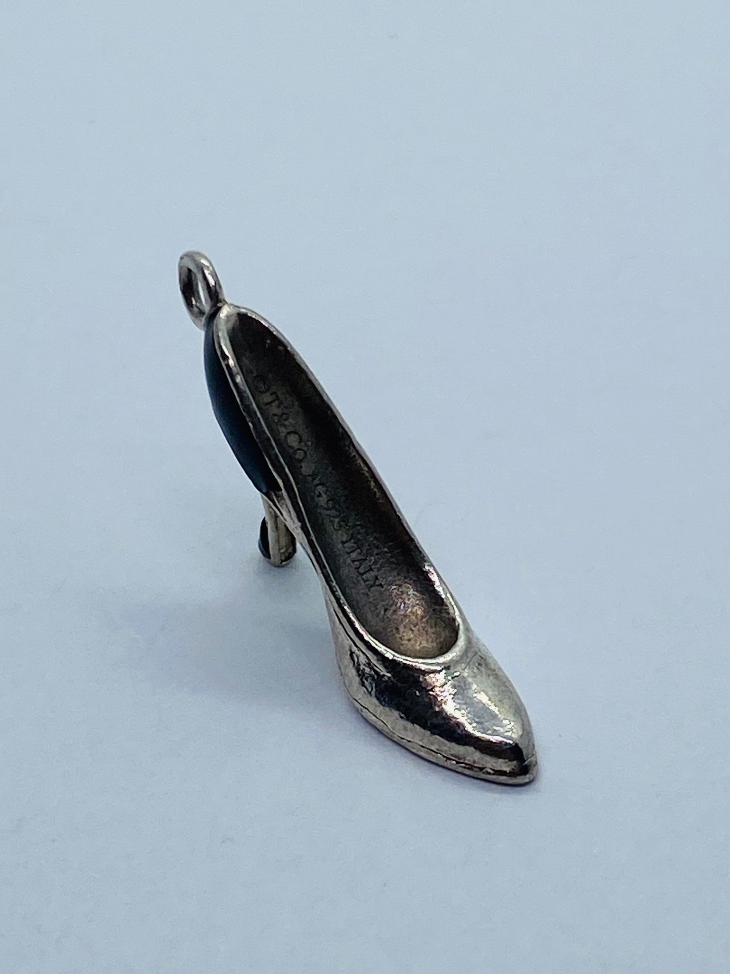 Tiffany & Co Silver Enamel Blue Black Enamel Plum Heel Shoe Charm Pump. Pouch