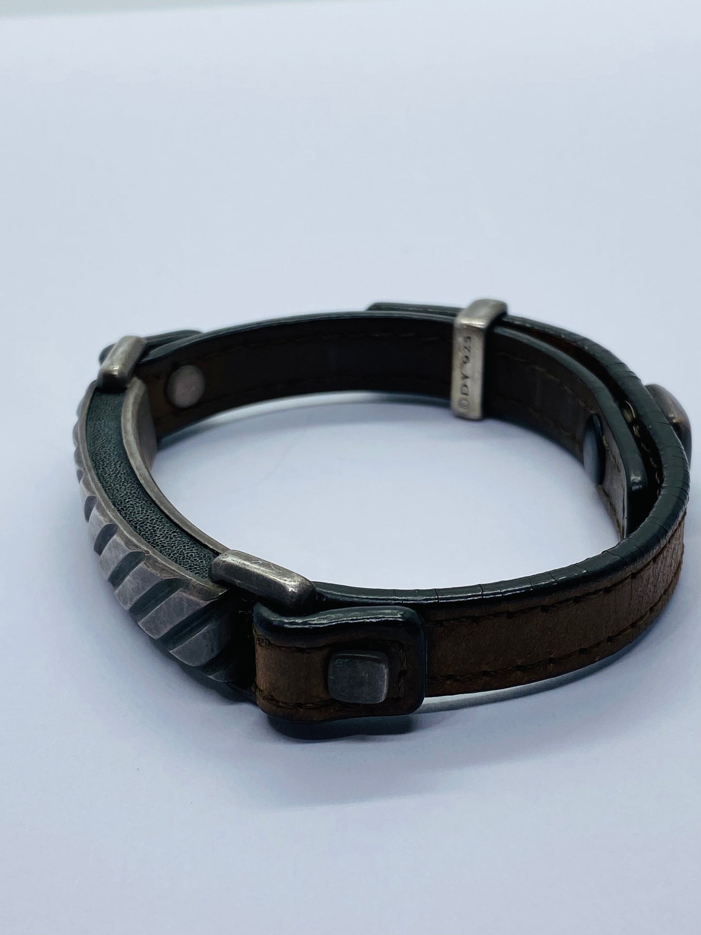 David Yurman Darkened Sterling Silver Modern Leather Striped ID Bracelet Brown