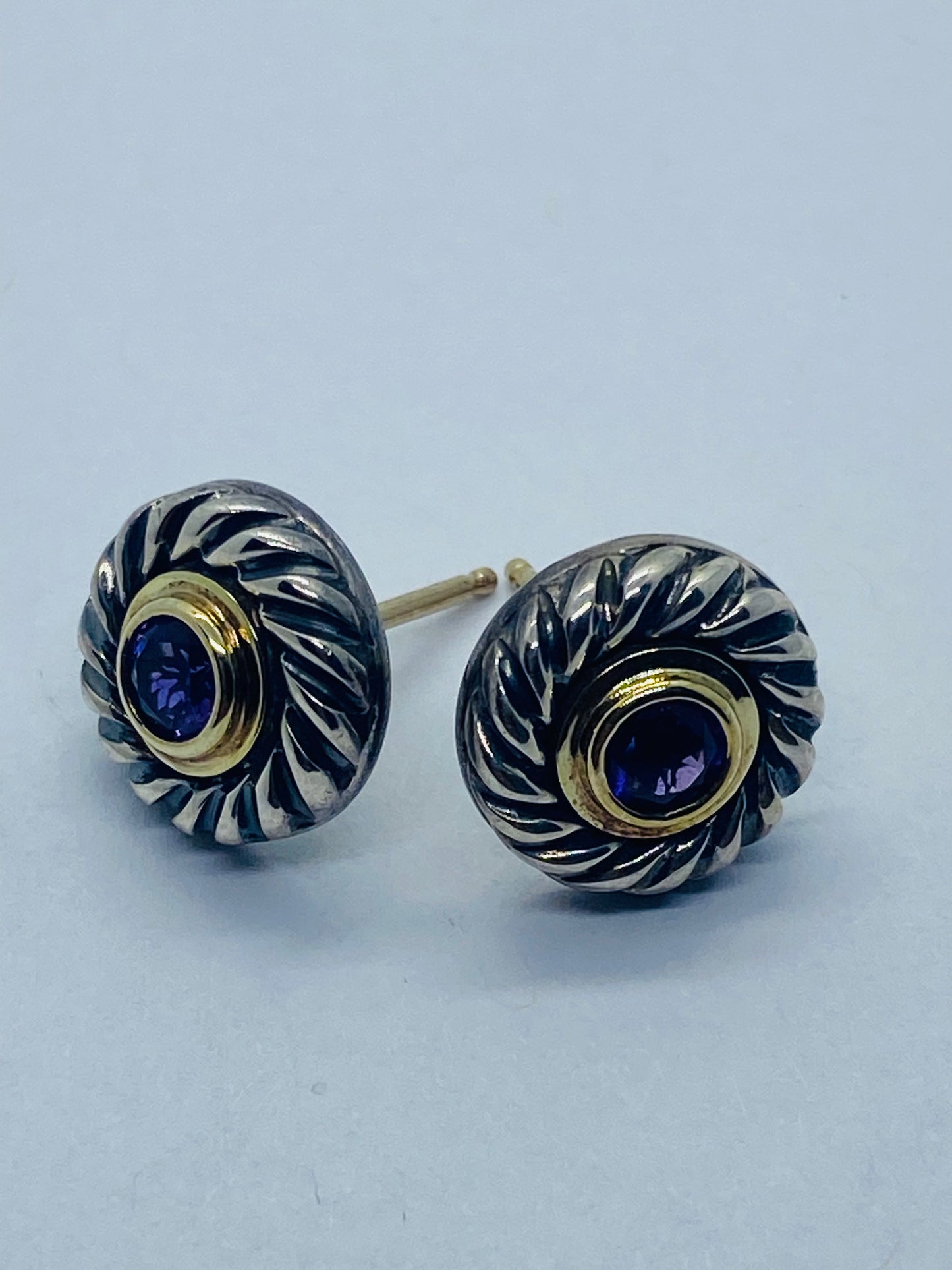 Estate DAVID YURMAN Sterling Silver 14K Gold Amethyst Cookie Pierced Earrings