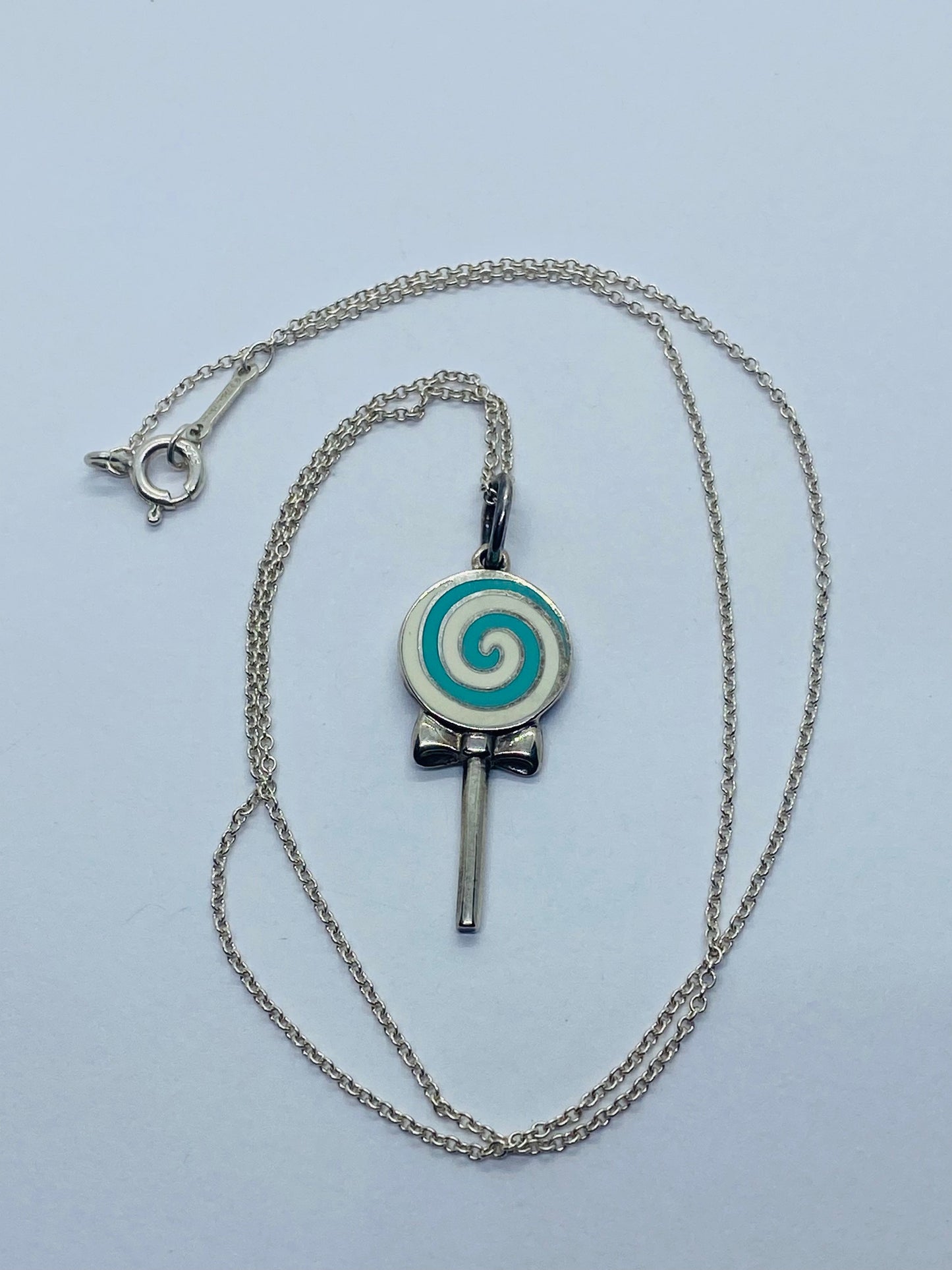 Tiffany & Co 925 Sterling Silver Lollipop Blue Enamel Necklace 16”