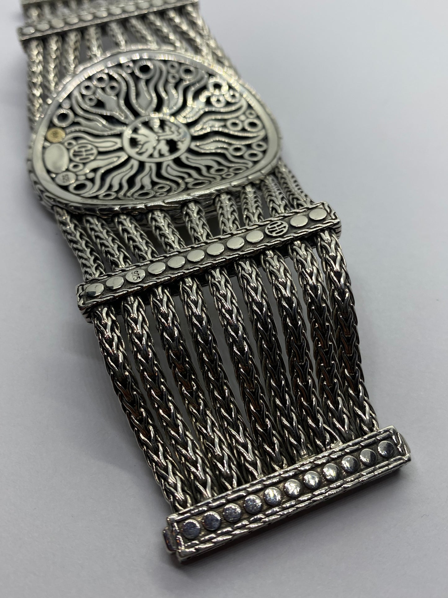 John Hardy 18K Yellow Gold 925 Sterling Mesh Dot Multi Strand (9) Bracelet 53MM