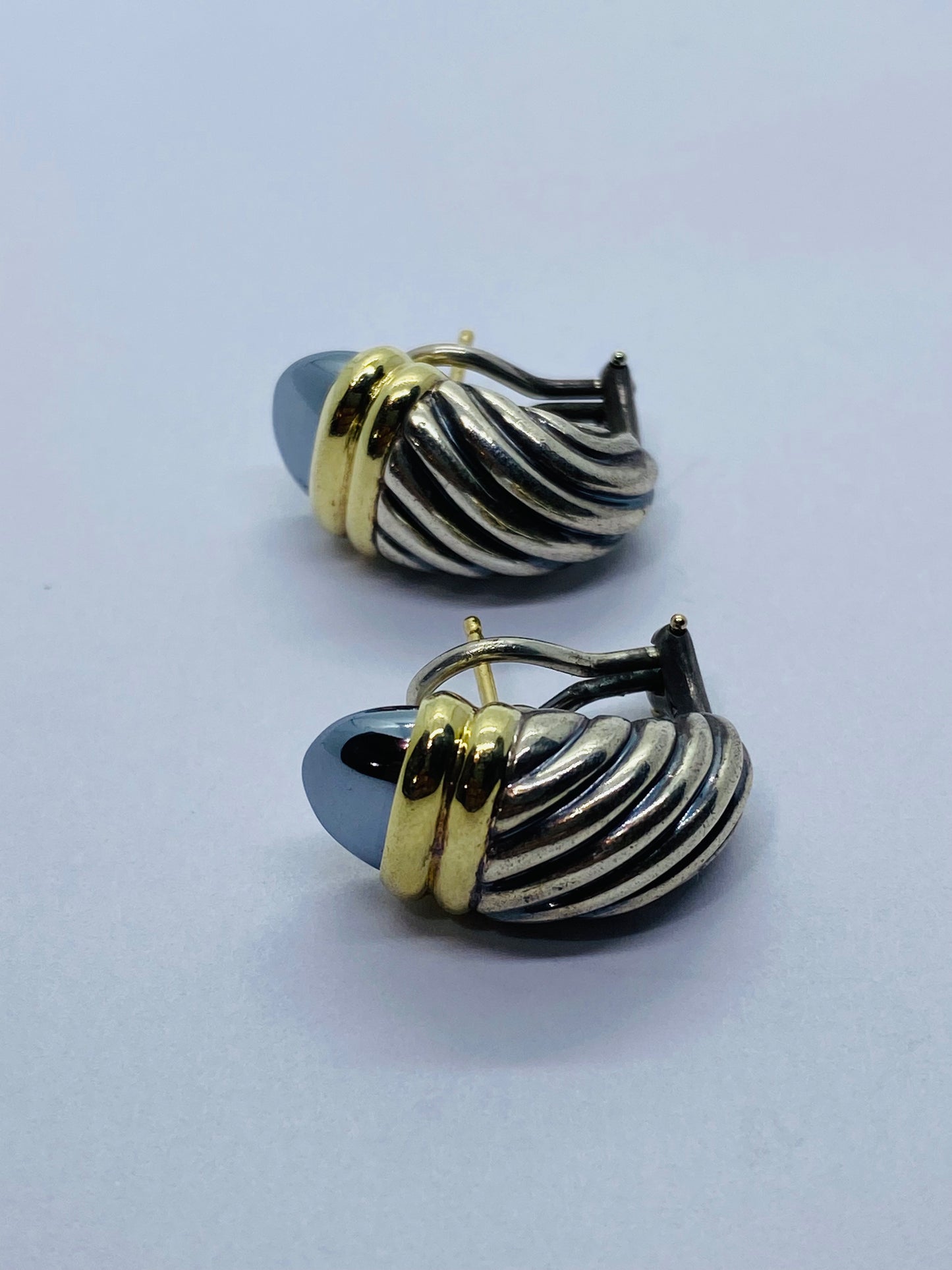 David Yurman 925 Silver 585 Hematite Cable Shrimp Omega Earrings