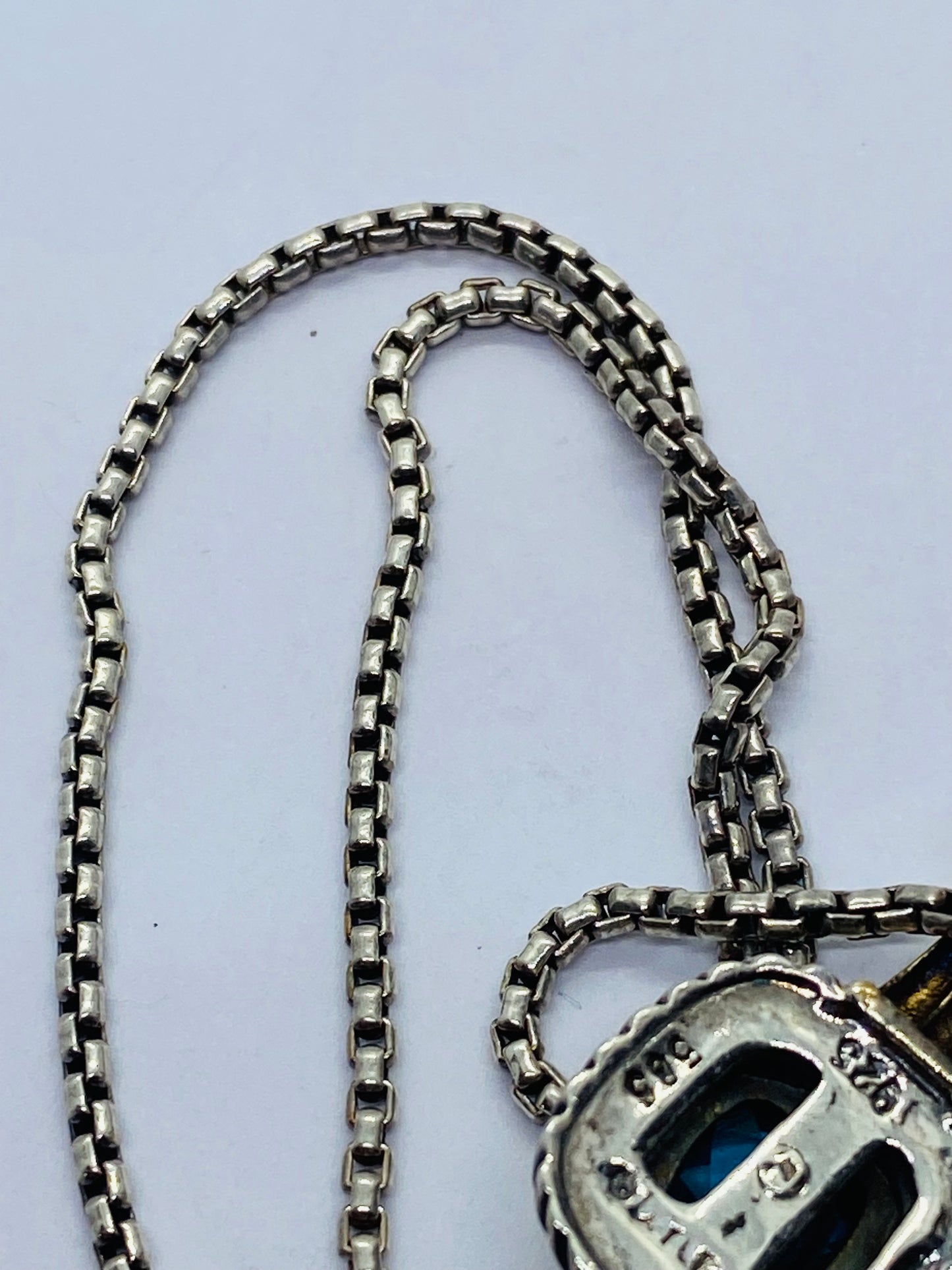 David Yurman Sterling Silver & 14k Blue Topaz Albion Pendant Enhancer 16.5”