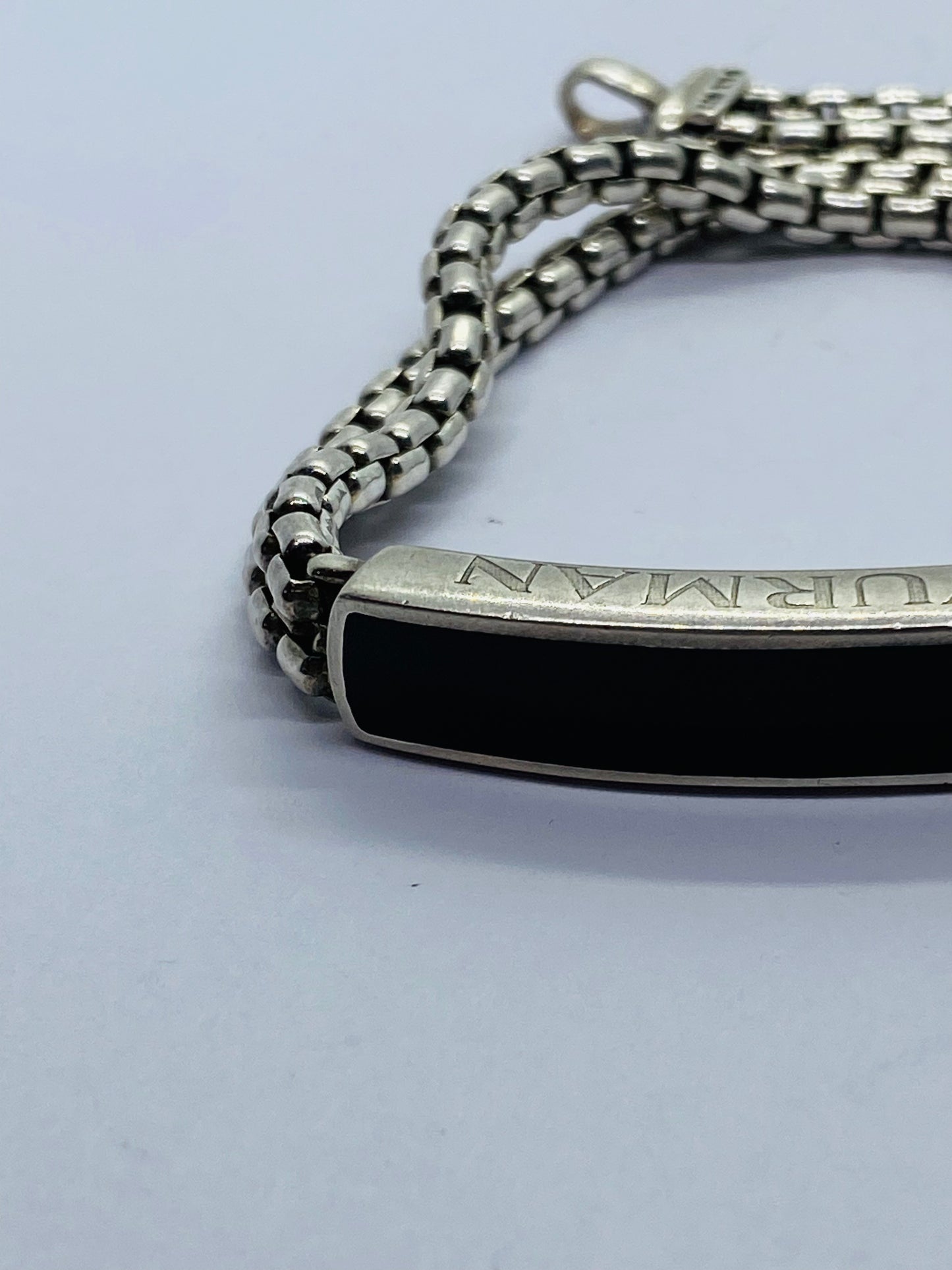 David Yurman Sterling Silver & Onyx ID Bracelet Double Box Chain Link 8.5”
