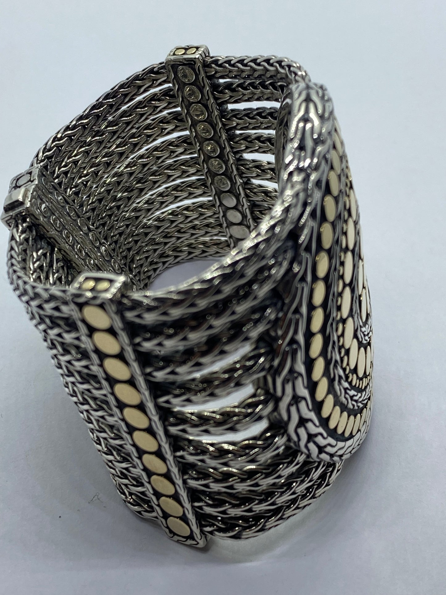John Hardy 18K Yellow Gold 925 Sterling Mesh Dot Multi Strand (9) Bracelet 53MM