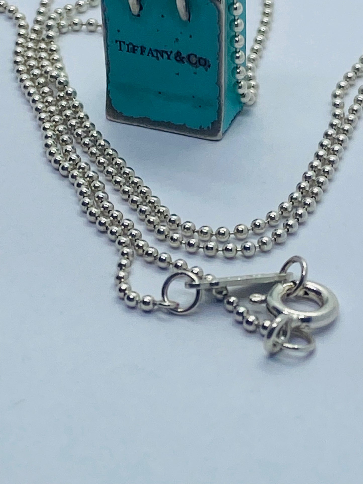 Tiffany & Co Sterling Silver Blue Enamel Shopping Bag Charm Pendant 20”